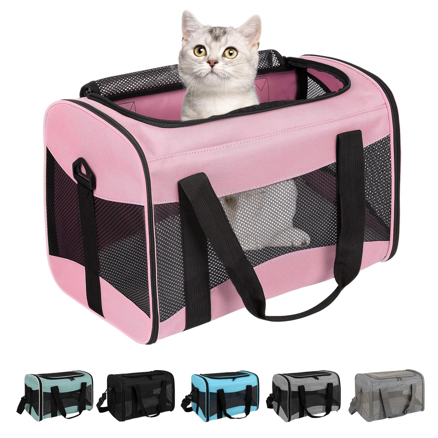Cat Carrying Case - Pet Carrier Airline Approved, Protable and Breathable Pet Travel Carrier Removable Fleece Pad, Collapsible Cat Carrier Dog Carrier for Medium Cats Small Cats Dogs (Medium, Pink)