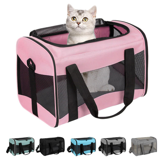 Cat Carrying Case - Pet Carrier Airline Approved, Protable and Breathable Pet Travel Carrier Removable Fleece Pad, Collapsible Cat Carrier Dog Carrier for Medium Cats Small Cats Dogs (Medium, Pink)