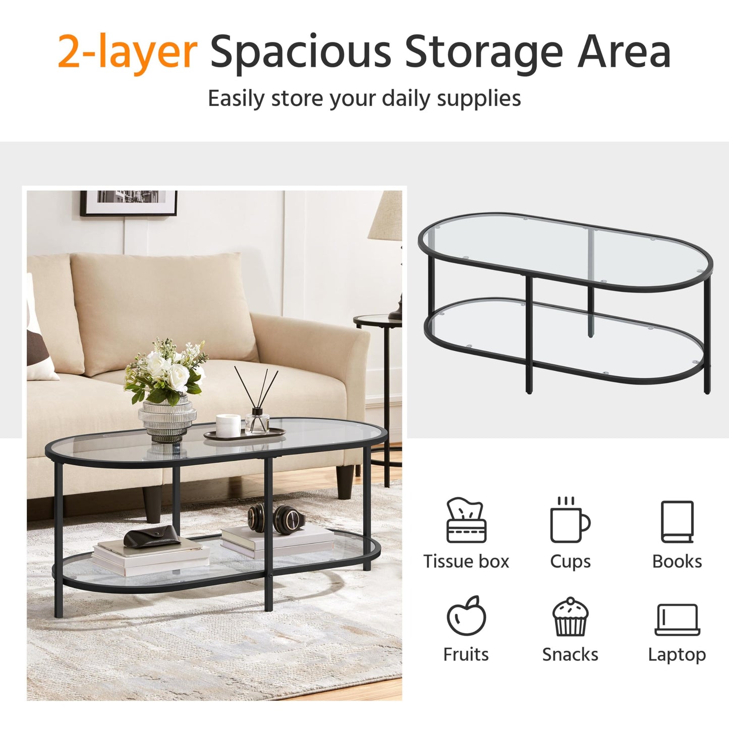 Yaheetech Glass Coffee Table, Black Small Center Table with Storage Shelf for Living Room Small Space, Apartment