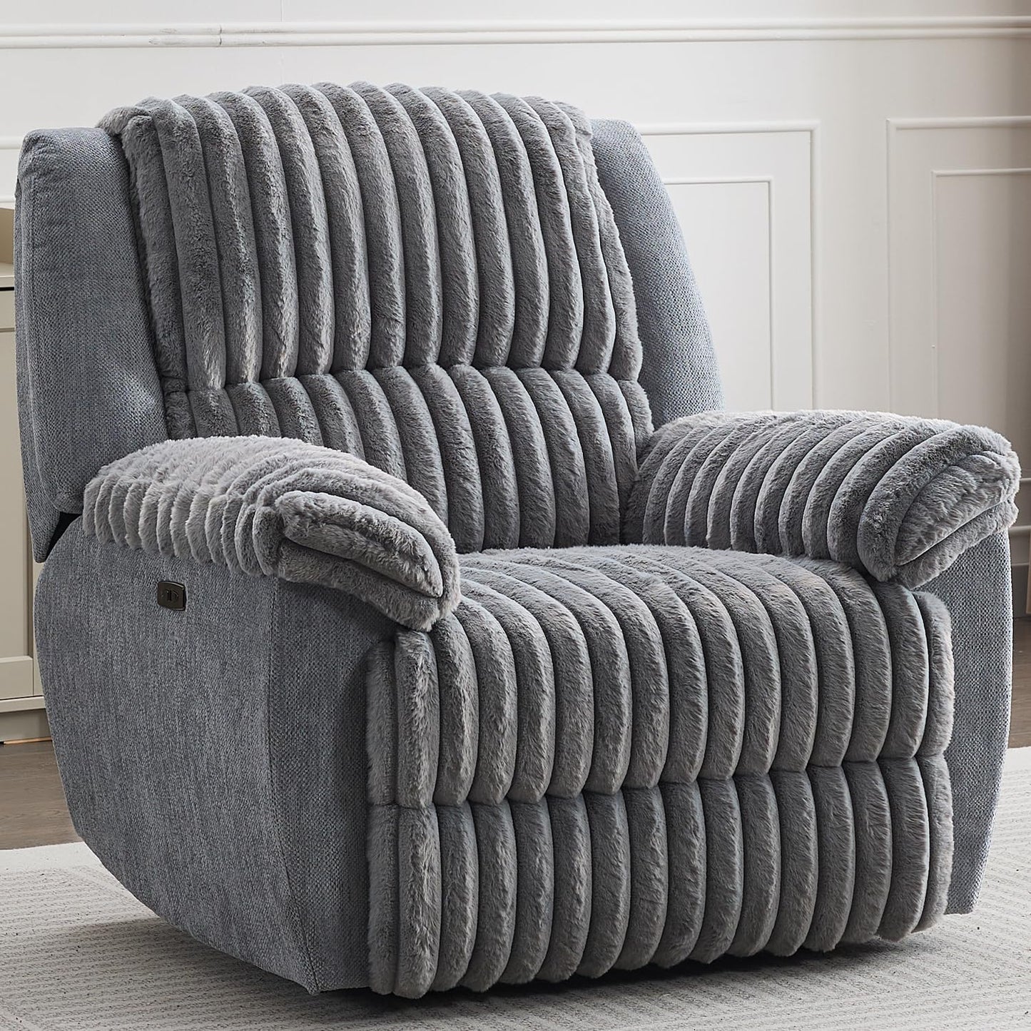 Oversized Power Recliner Chair for Adults, 42" Wide Electric Reclining Chair with USB Port, Faux Fur Overstuffed Single Recliner Chairs for Living Room/Bedroom/Office