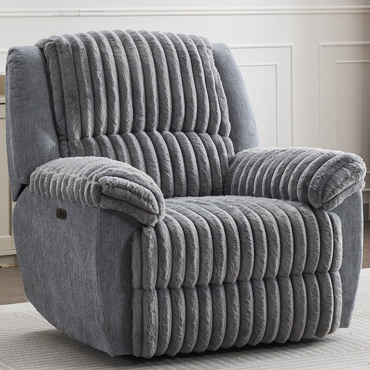 Oversized Power Recliner Chair for Adults, 42" Wide Electric Reclining Chair with USB Port, Faux Fur Overstuffed Single Recliner Chairs for Living Room/Bedroom/Office