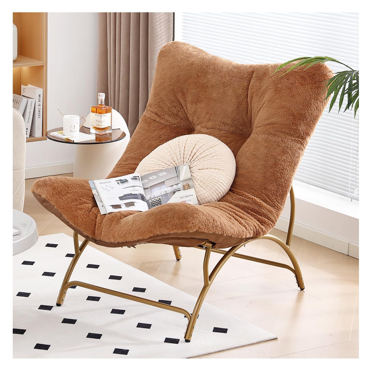 Tiita Accent Lazy Chair, Comfy Lounge Chair with Metal Frame and Plush Fabric, Spacious Seat Cozy Recliner Chair for Reading Room, Living Room, Bedroom, Office, Brown