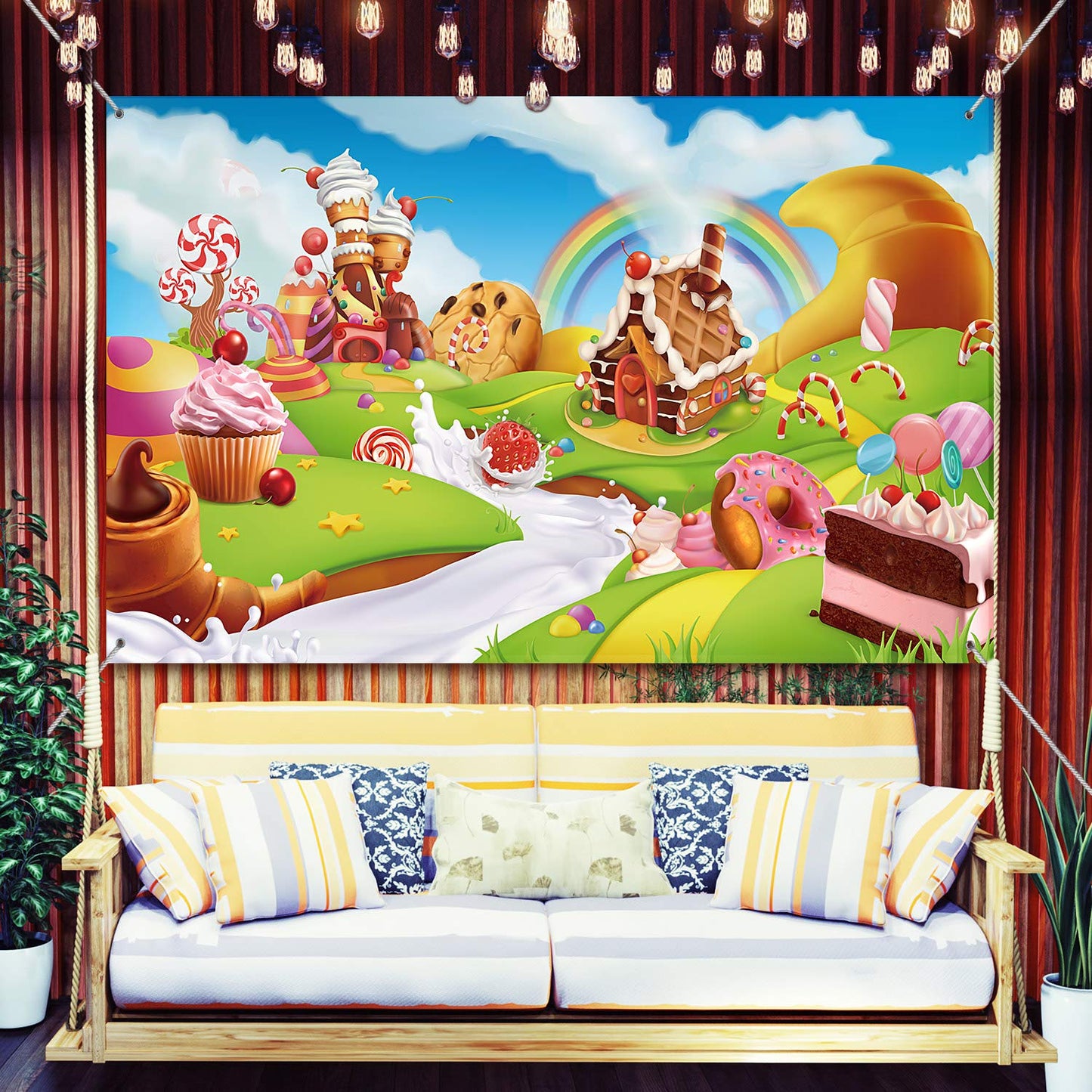 Blulu Candy Backdrop Birthday Party Banner, Christmas Large Fabric Sweet Donut Backdrop for Candy Party Decoration, Sweet Cartoon Landscape Baby Shower Background Photo Props, 72.8 x 43.3 Inch