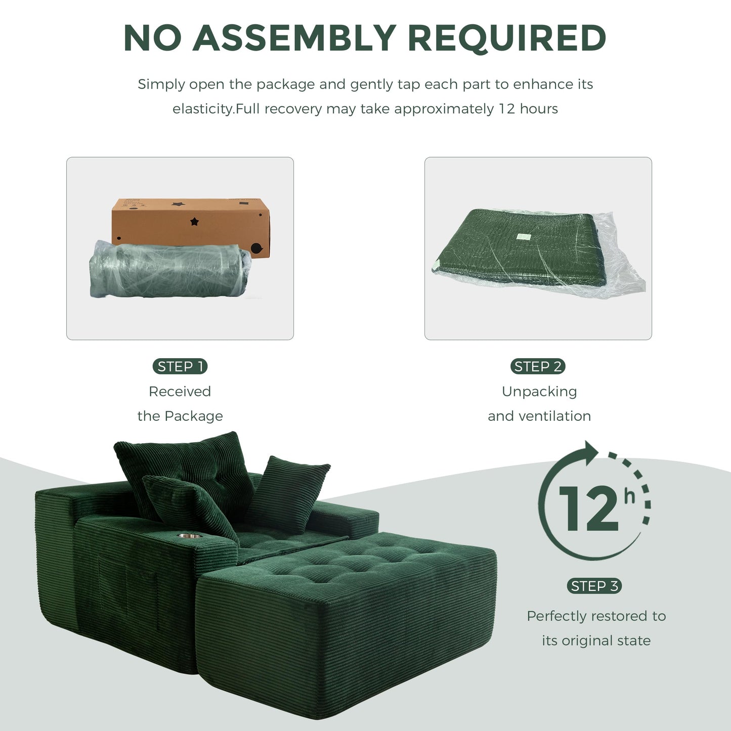 MAXYOYO Oversized Chaise Lounge Sofa, Upholstered Lounge Chair with 3 Pillows Indoor, Tufted Boneless Sofa Couch with Ottoman, Deep Seat Sleeper Chair for Living Room, Bedroom, No Assembly, Green