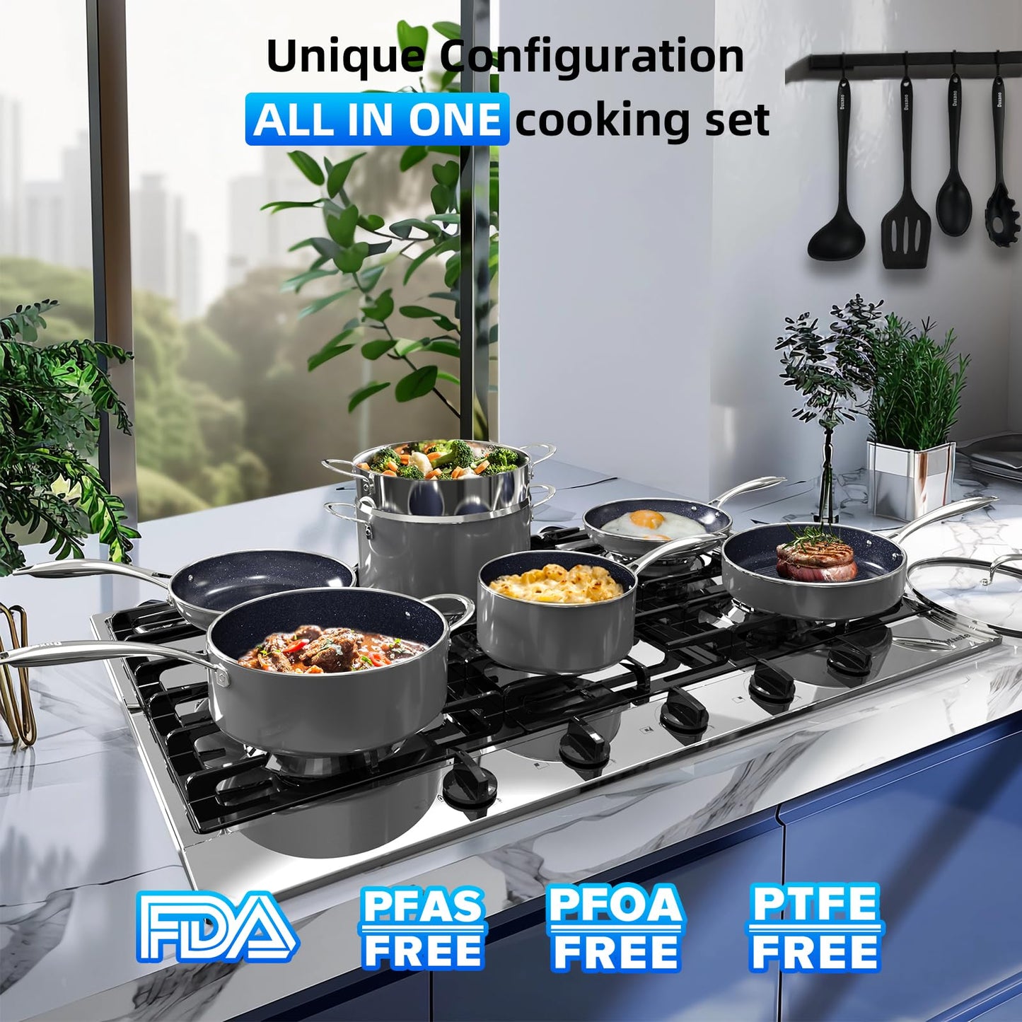 Deluxe DUXANO 14PC Healthy Pots and Pan With 9H Anti-scratch Coating, 2-Layer Non-Stick Ceramic&PFAS Free, Sensitively&Evenly Induction Cooking, Enhanced Flavor with Infrared Cookware, Dishwasher Safe