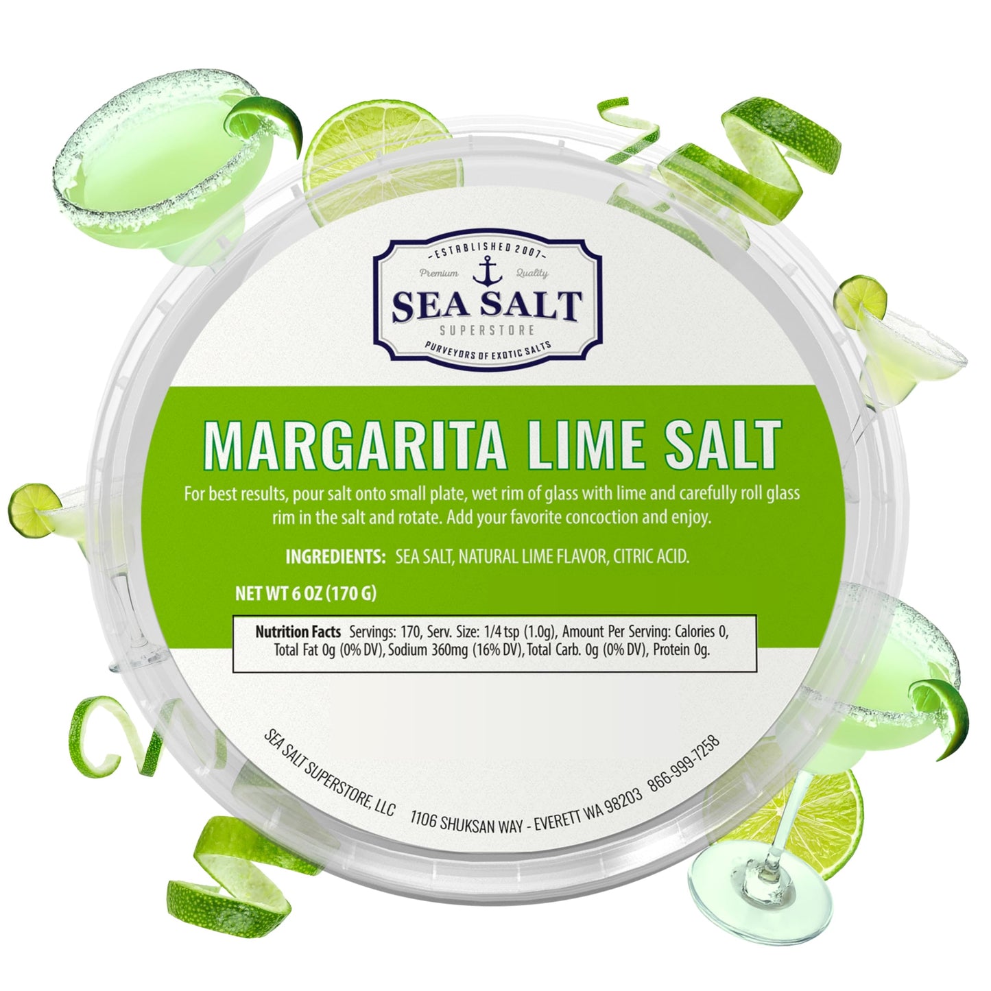 Margarita Lime Salt Garnishing, Natural Margarita Salt Flavored Ruddy Mary Garnishing for Cocktails, Garnishings for Drinks & Glassware, 6 oz Tub