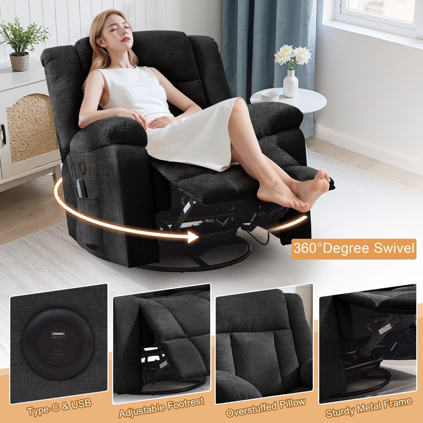 Korser Rocker Recliner, Glider Recliner Chairs for Adults, 360° Swivel Rocking Chair with Massage and Heating, Nursery Chair with Storage and USB Charging for Living Room, Bedroom, Nursery