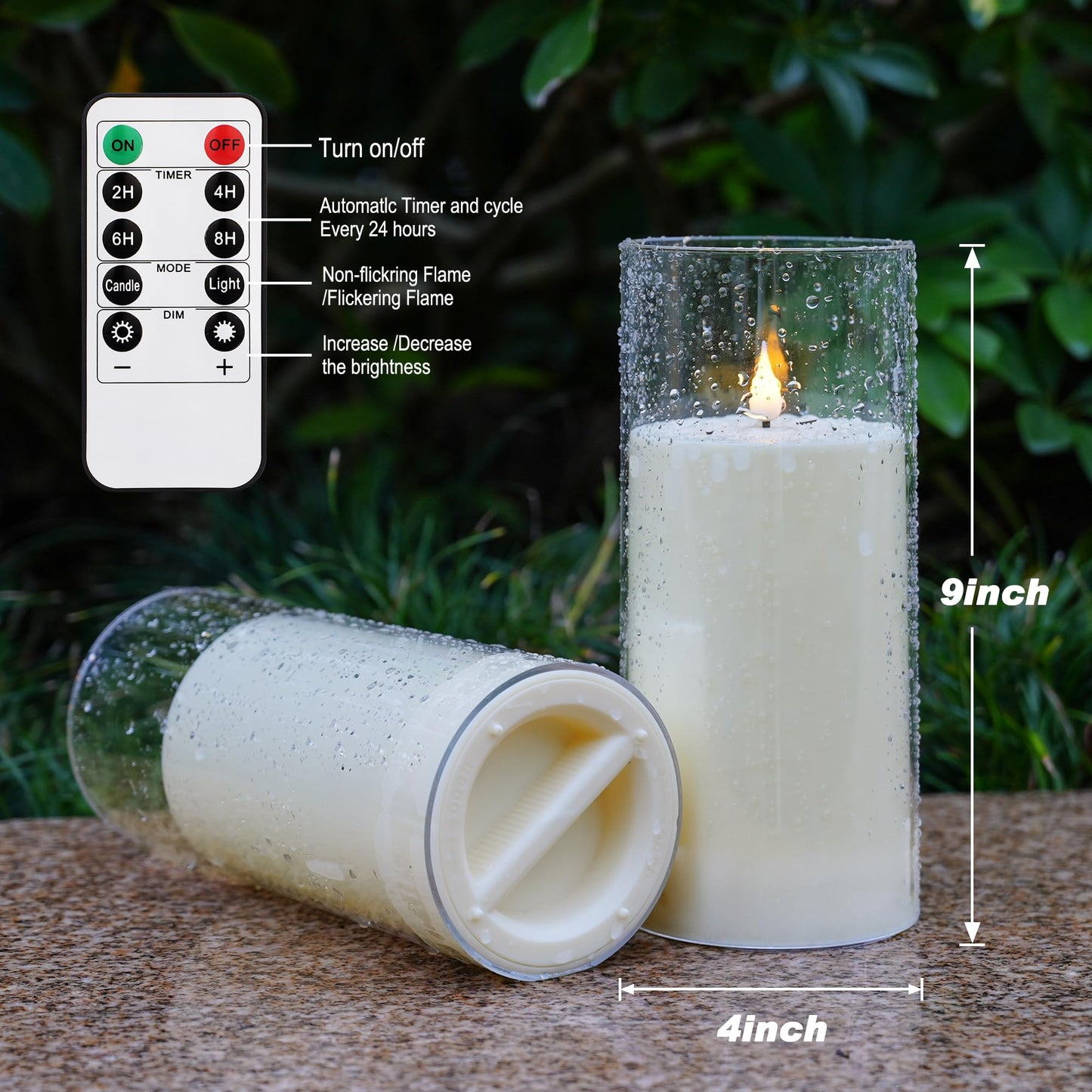 yunsheng 4" x 9" Outdoor Waterproof Flameless Candles with Remote & Cycle Timer, 2PCS Battery Operated Pillar Candles with Removable Acrylic Shell, Large LED Flickering Candles for Patio Decor, Ivory
