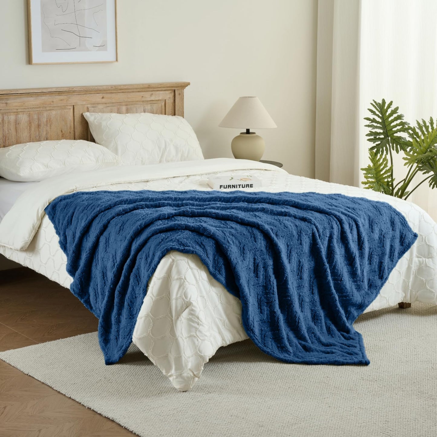 3 Layer Jacquard Throw Blanket - 50x70 Inch Soft Fleece with Wave Pattern, Navy Plush Cozy Blanket for Sofa, Couch, Bed & Chair, All Season Decorative Blanket for Living Room & Bedroom