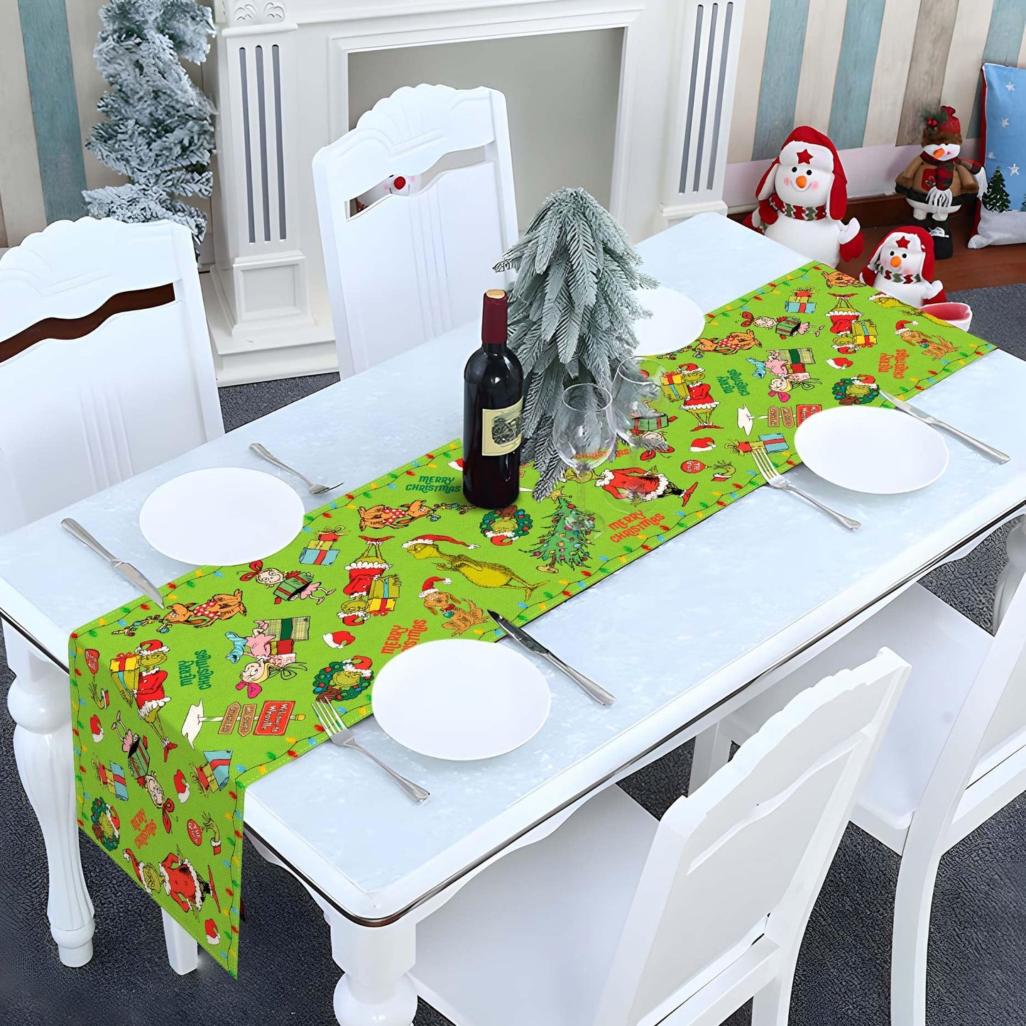 Merry Christmas Table Runner Christmas Xmas Winter Holiday Season Party Decorations Kitchen Fireplace Dining Room Home Decor (Green, 13" x 72")