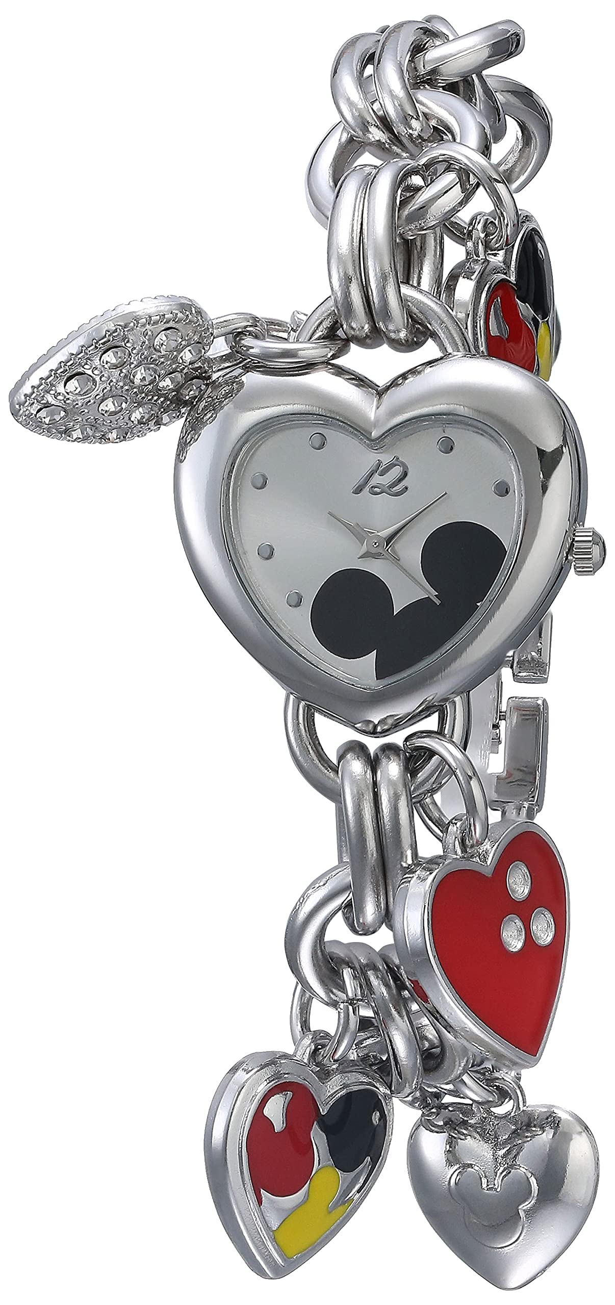 Accutime Disney Mickey Mouse Charm Bracelet Watch -Silver-Tone Heart Design Quartz Timepiece for Girls & Women