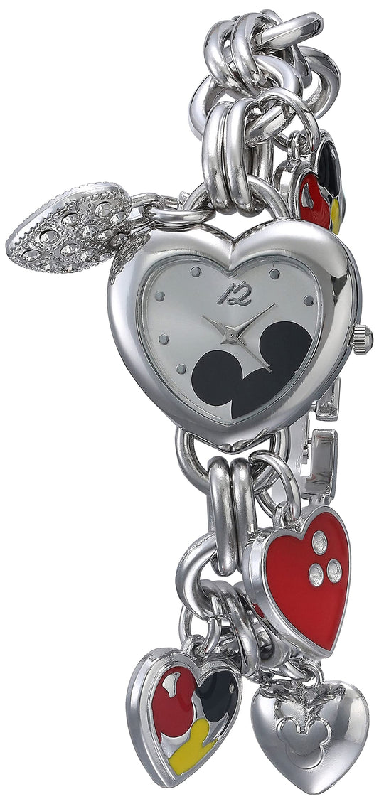 Accutime Disney Mickey Mouse Charm Bracelet Watch -Silver-Tone Heart Design Quartz Timepiece for Girls & Women