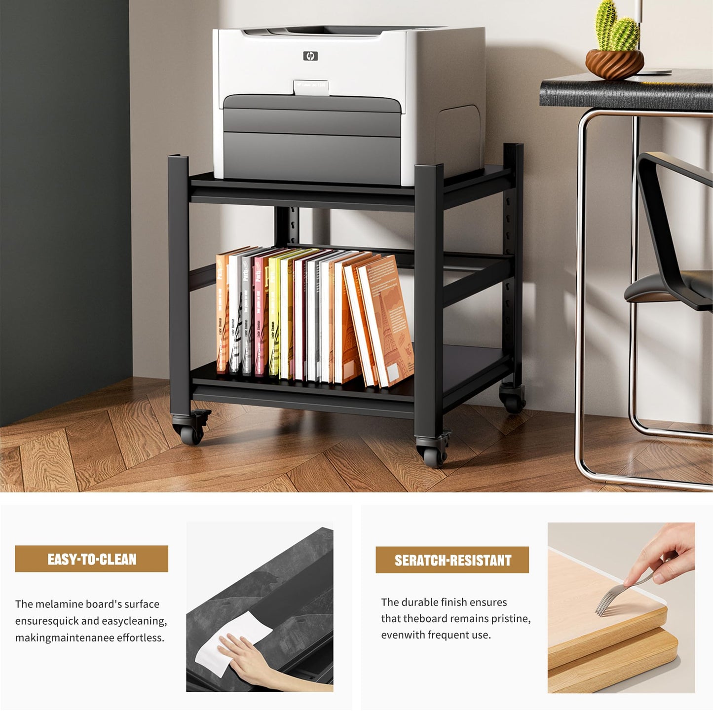 Phonando Printer Stand with Wheels,2-Tier Printer Table with Adjustable Storage Shelf for Home Office,Rolling Printer Cart for Heat Press Mini Fridge, Computer,Black