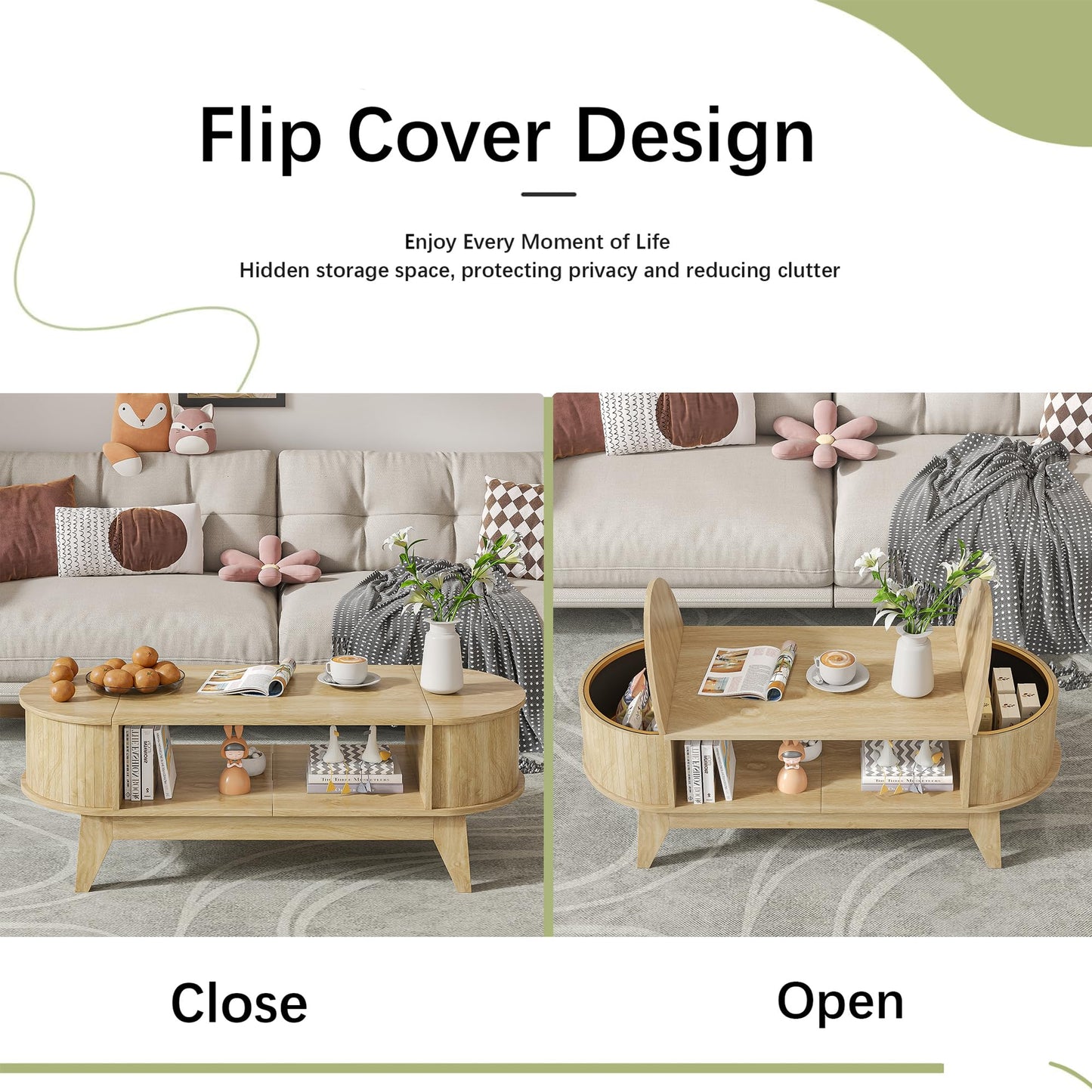 Coffee Table with 2 Hidden Storage,Mid Century Modern Coffee Table with Fluted Finish,Wood Center Tables Oval Coffee Tables with Flip-Top Lids for Living Room Home Office (Oak)