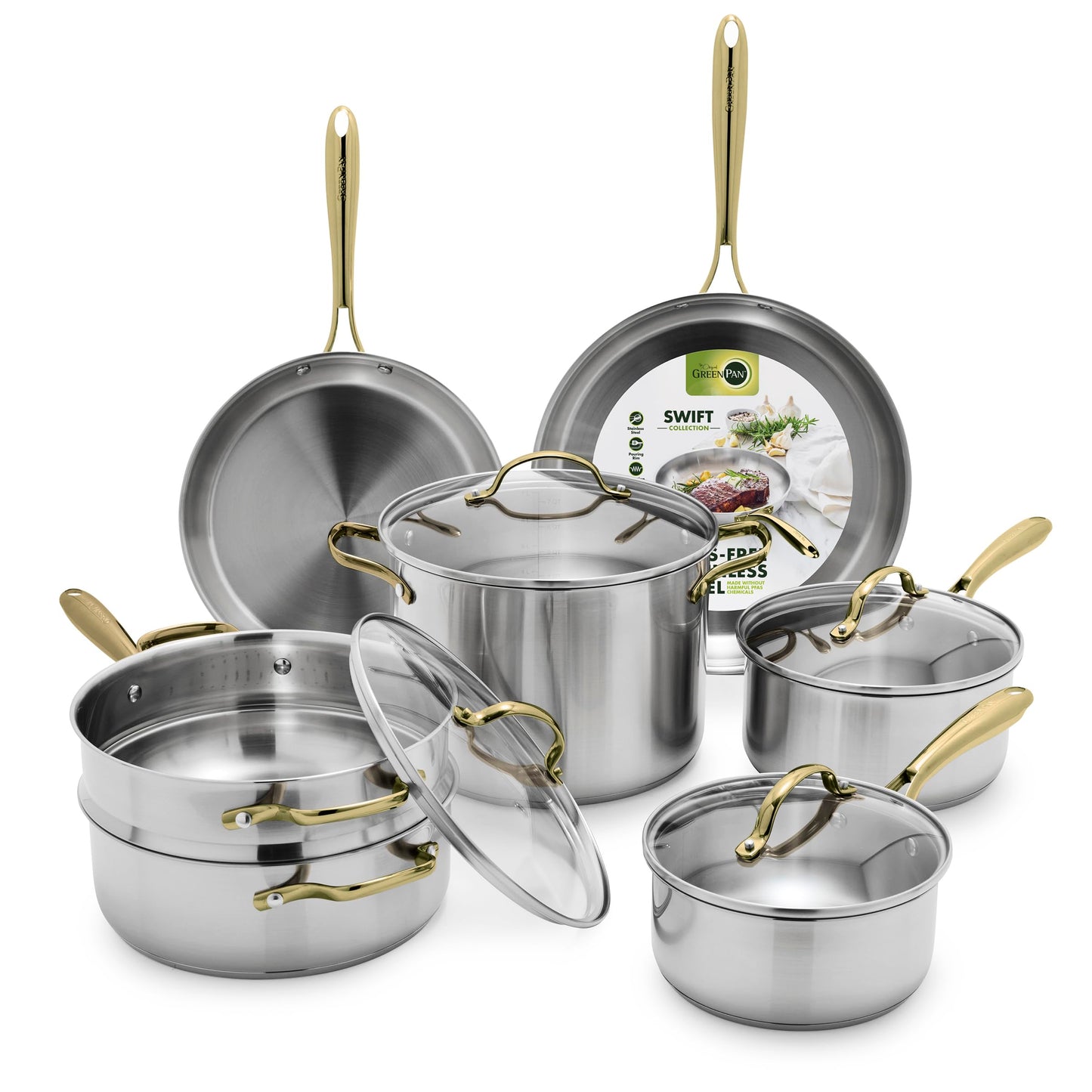 GreenPan 11 Piece Stainless Steel Cookware Set, Induction Ready, Tri-Ply Multiclad Pots & Pans with Lids, Compatible on All Cooktops, Measurement Markings, Dishwasher & Oven Safe, Swift, Gold Handles