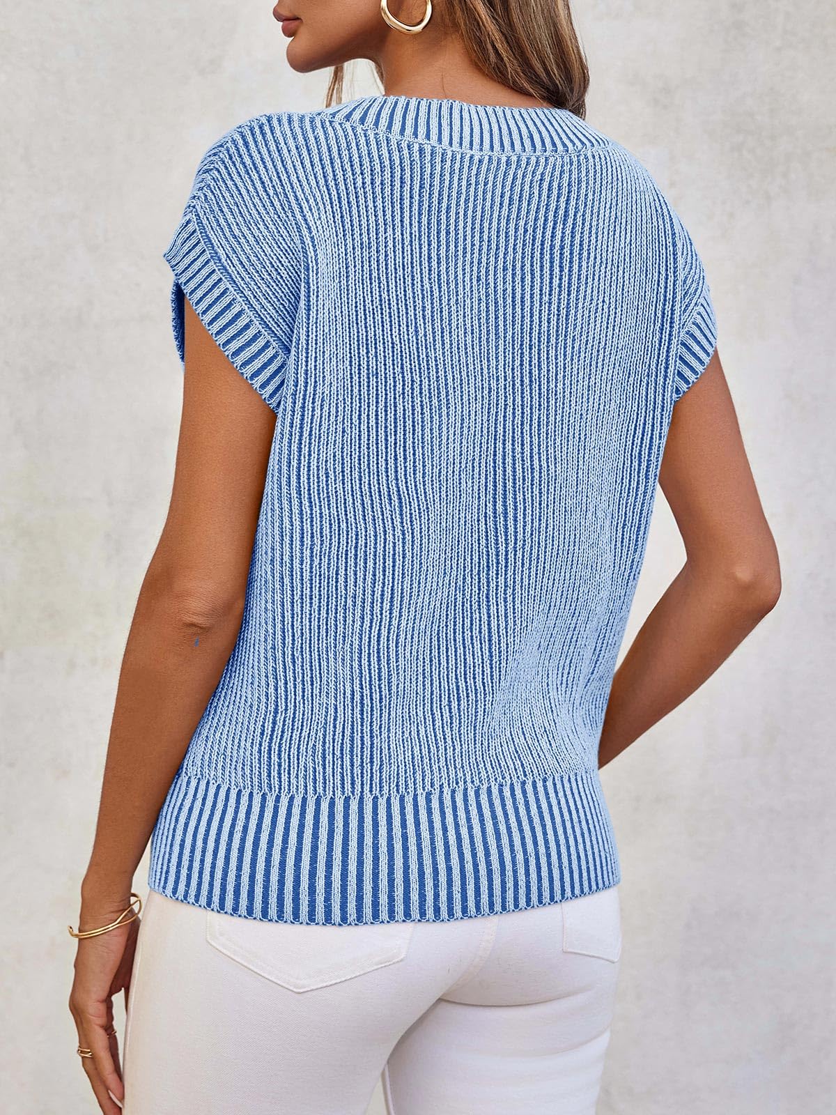 Saodimallsu Womens V Neck Short Sleeve Sweater Summer Lightweight Cap Sleeve Casual Loose Knit Pullover Tank Tops Blue