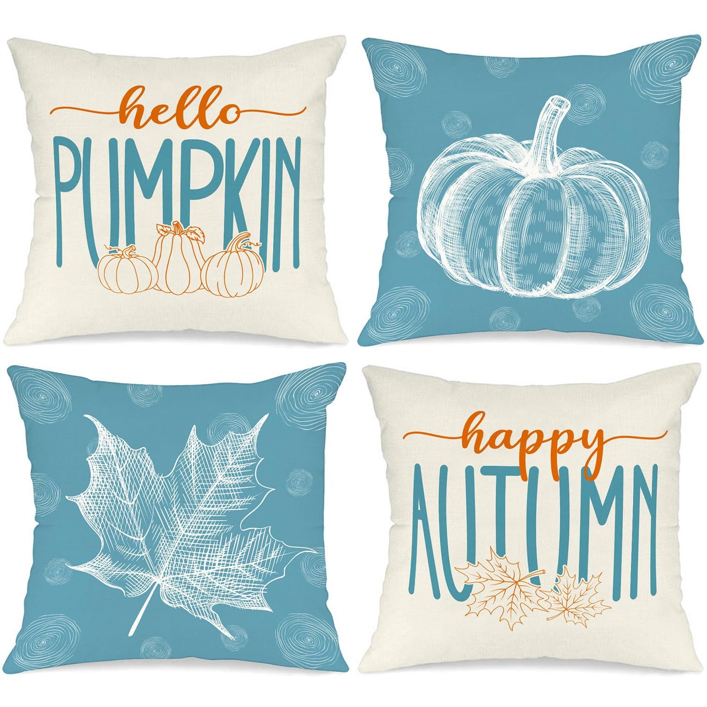 Ywlake Teal 18x18 Throw Fall Pillow Covers Set of 4, Maple Leaf Pumpkin Decorative Holiday 18 x 18 Autumn Cushion Covers Thanksgiving Pillow Case for Indoor Home Bedroom Couch Sofa Decor