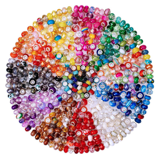 ZHIYUXI 200PCS 12Styles European Large Hole Beads for Jewelry Making Big Hole Assorted Lampwork Murano Spacer Rainbow Rhinestone Beads for Pens Bracelet Making Necklace DIY Craft