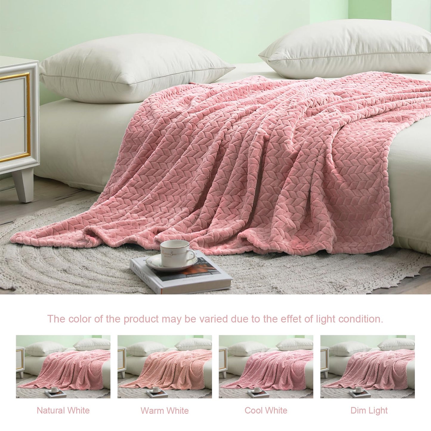 Exclusivo Mezcla Pink Fleece Queen Size Blanket for Bed, 90x90 Inches Soft Cozy Jacquard Flannel Blankets, Lightweight Fuzzy Plush Warm for All Seasons