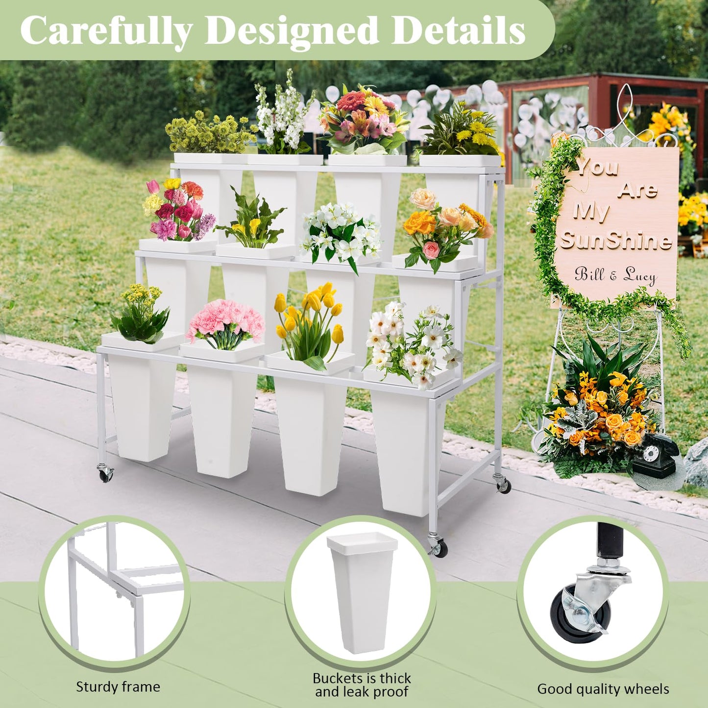 Flower Display Stands with Buckets, 3-Tier Rolling Plant Stand with Locking Wheels - Heavy Duty Metal Flower Cart for Indoor/Outdoor Use, Wedding Decor & Florist Displays (Holds 12 Pots) (Gold)