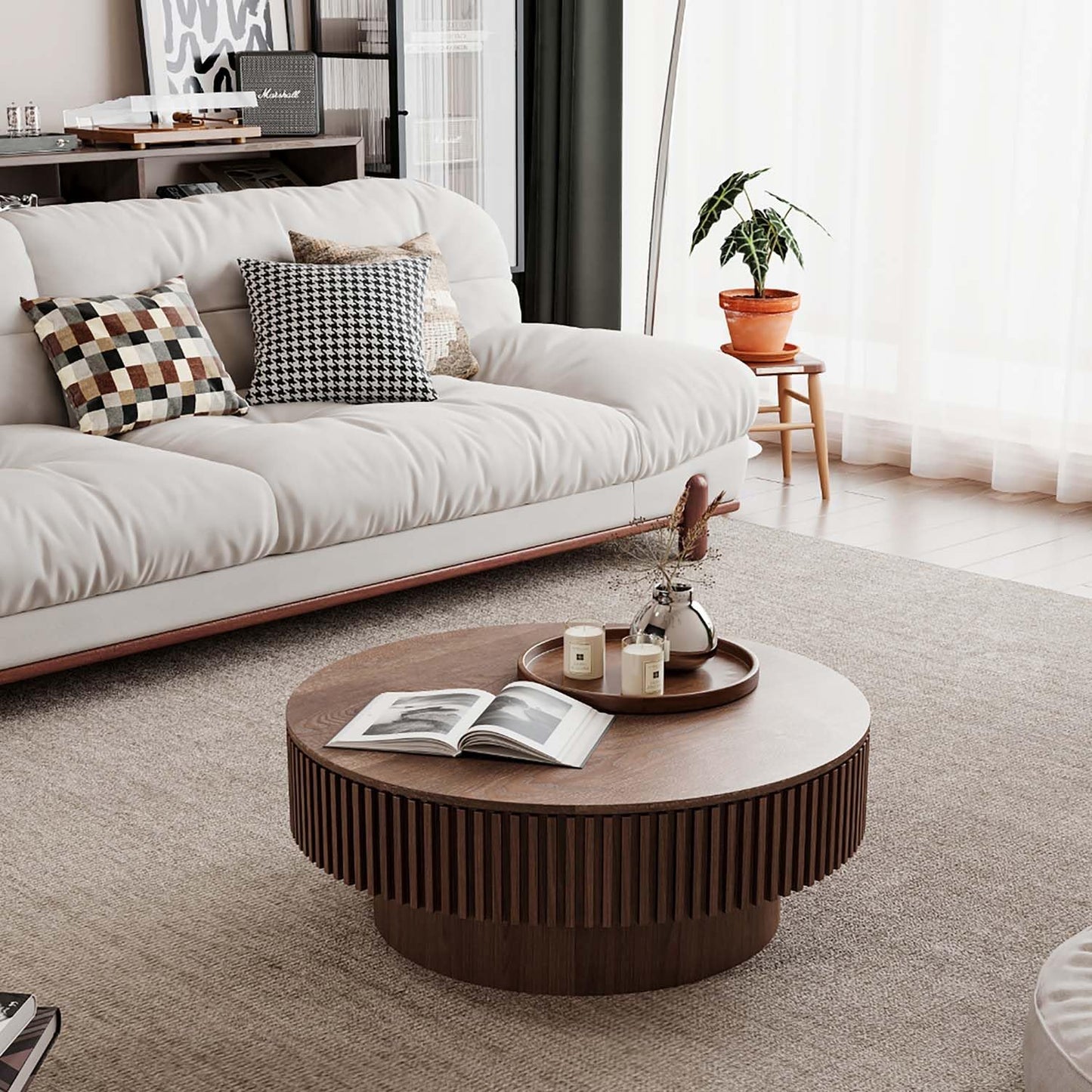 Round Coffee Table with Storage, Modern Wooden Coffee Table with Solid Wood Veneered, Circle Center Table Accent Tea Table for Living Room Apartment Small Space (31.5''L × 31.5''W × 14''H, Walnut)