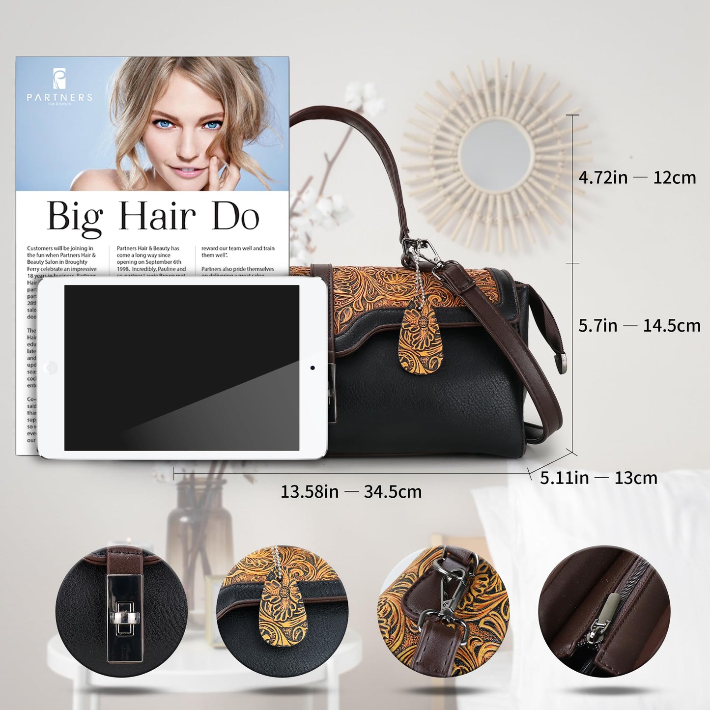 Purse and Handbags for Women Vegan Leather Shoulder Hand Bags Top Handle Satchel Vintage Embossing Pattern (Black)