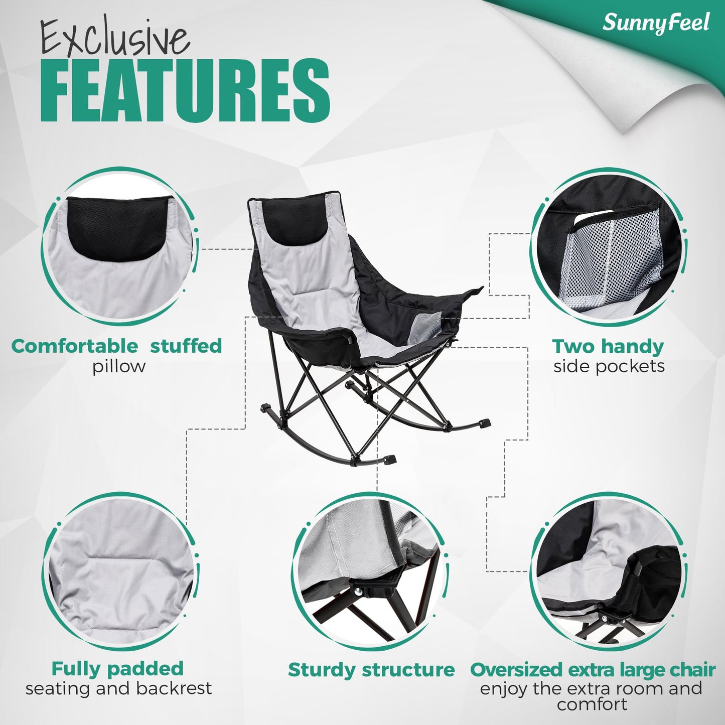 SUNNYFEEL Rocking Camping Chair, Luxury Padded Recliner, Oversized Folding Lawn Chair with Pocket, Heavy Duty for Outdoor/Picnic/Lounge/Patio, Portable Camp Rocker Chairs with Carry Bag