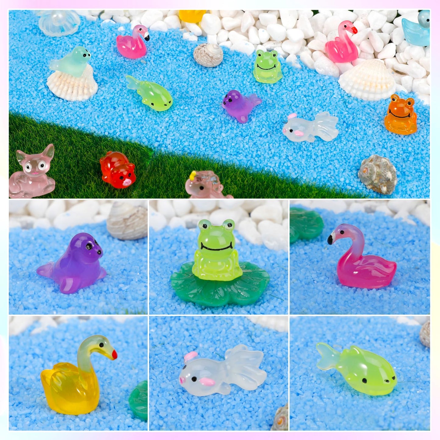 240 Pack Mini Resin Animals, Glow in The Dark Tiny Animals Figures to Hide Luminous Small Plastic Miniature Little Ducks Bulk for Office Home Garden Micro Landscape Aquarium Potted Dollhouse Decor