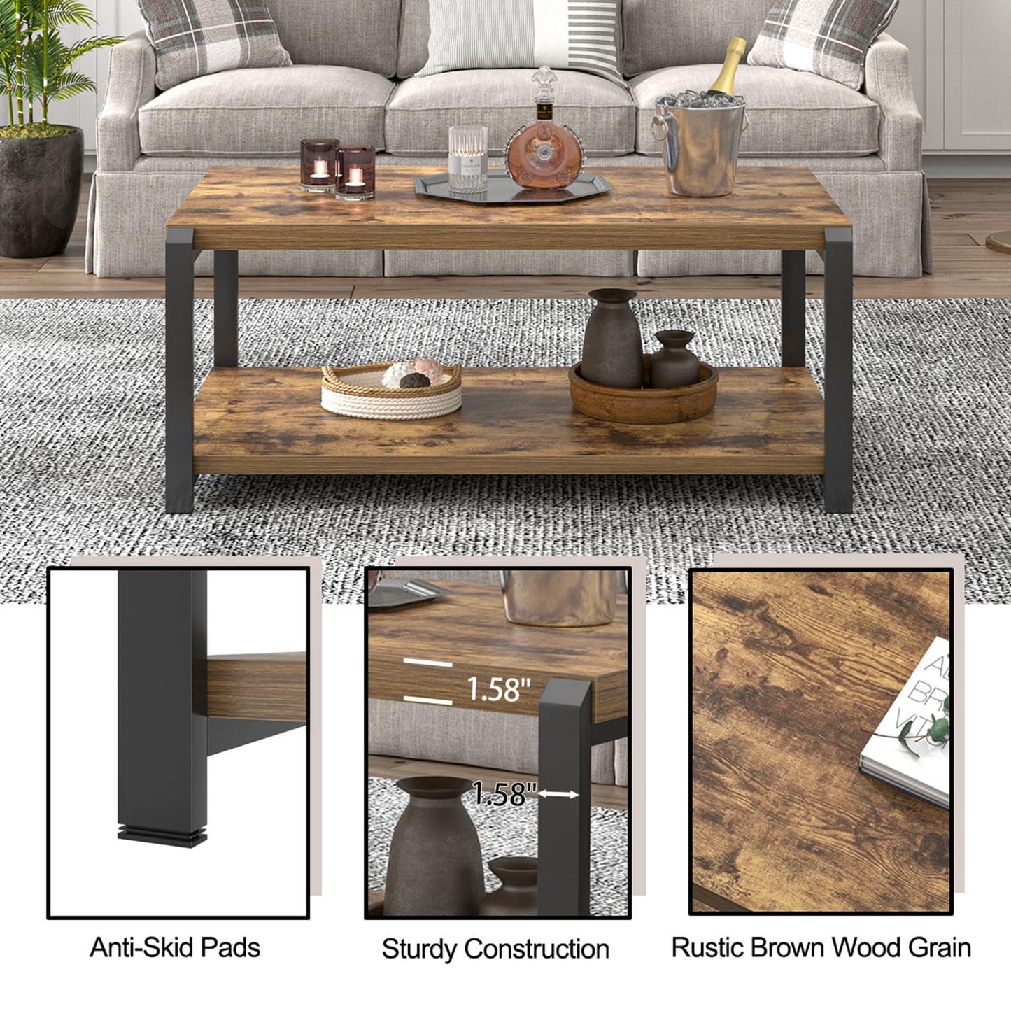 EXCEFUR Modern Coffee Table, Industrial Wood and Metal Center Table, Cocktail Tea Tables for Living Room, Rustic Brown