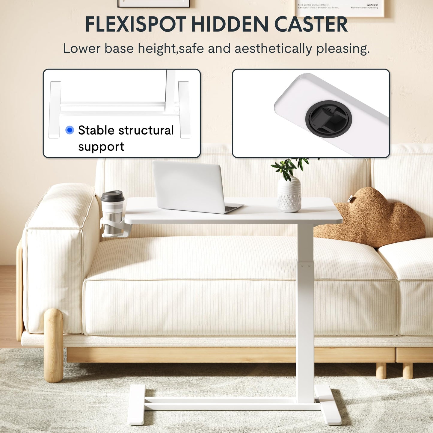 FLEXISPOT H7 Adjustable Overbed Bedside Table with Wheels Pneumatic Mobile Standing Laptop Desk Rolling Computer Cart Movable Overbed Table Hospital Home Use (31.5" W x 17.7" D, White Large)