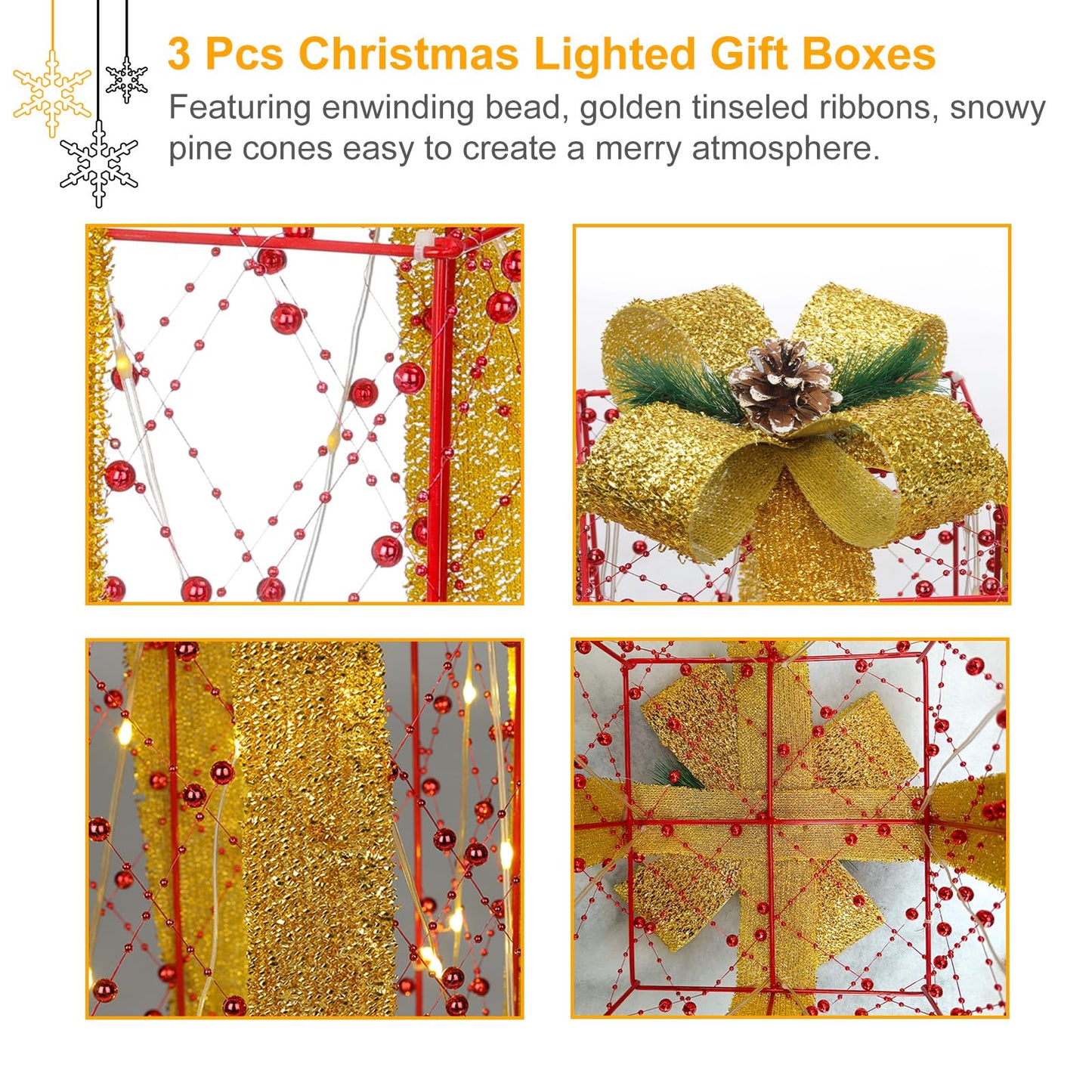 3 Pcs Christmas Lighted Gift Boxes, Pre-lit Xmas Present Boxes with Red Green Blue Beaded Ribbons 60 Warm White LEDs for Home Lawn Indoor Outdoor Christmas Decor