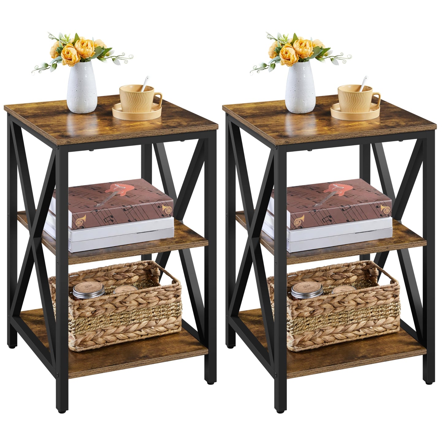 Yaheetech Industrial End Tables Set of 2, 3-Tier Side Tables with Storage Shelves for Living Room, X Design, Strong Metal Frame, Easy Assembly, 16x16x24.5 in, Rustic Brown