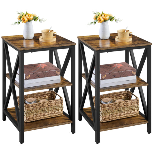Yaheetech Industrial End Tables Set of 2, 3-Tier Side Tables with Storage Shelves for Living Room, X Design, Strong Metal Frame, Easy Assembly, 16x16x24.5 in, Rustic Brown