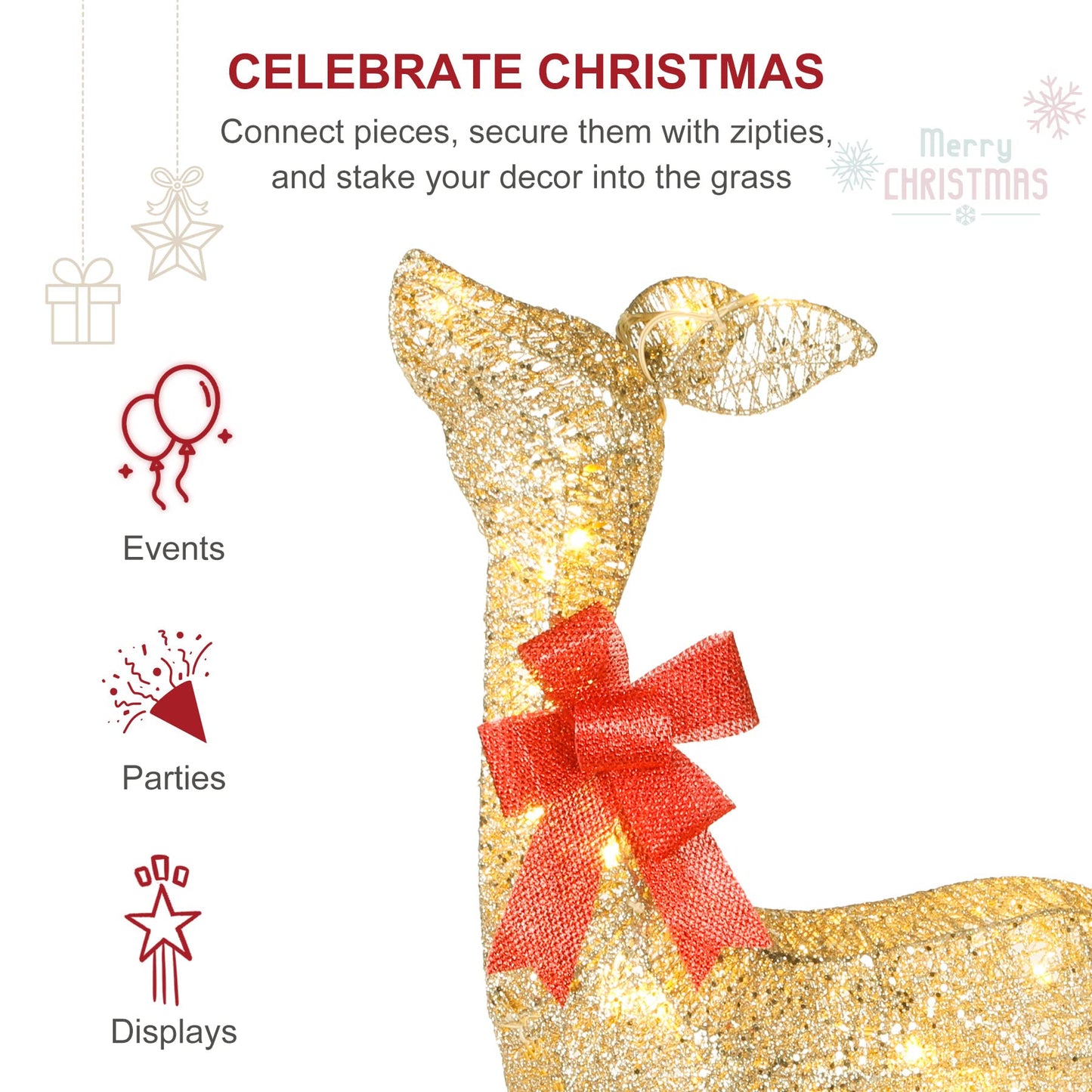 Lighted Christmas Decoration Deer 3 Piece, HOYECHI Light up Christmas Decor Reindeer Family Set for Indoor Outdoor Front Yard Porch with LED Lights, Plug, Ground Stakes - Gold