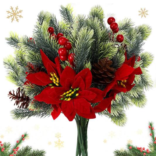 Yuxung 4 Pcs 13.4 Inch Red Poinsettia Artificial Christmas Flowers Bouquet with Pine Cone Red Berry Pine Needle Artificial Plants Christmas Decor for Craft Xmas Tree Garland Home Indoor Outdoor