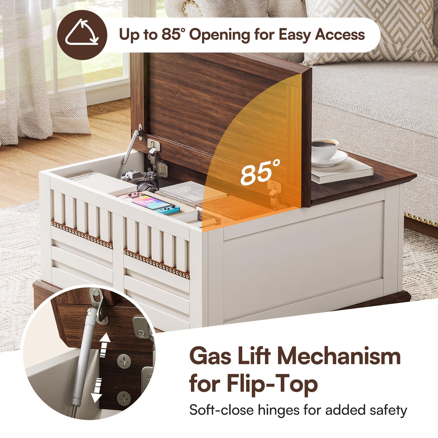 Farmhouse Lift Top Coffee Table with Large Hidden Storage Compartment, Wood Square Center Tables with Rivet Barn Door, Lift Tabletop Dining Table for Living Room, Home, Office