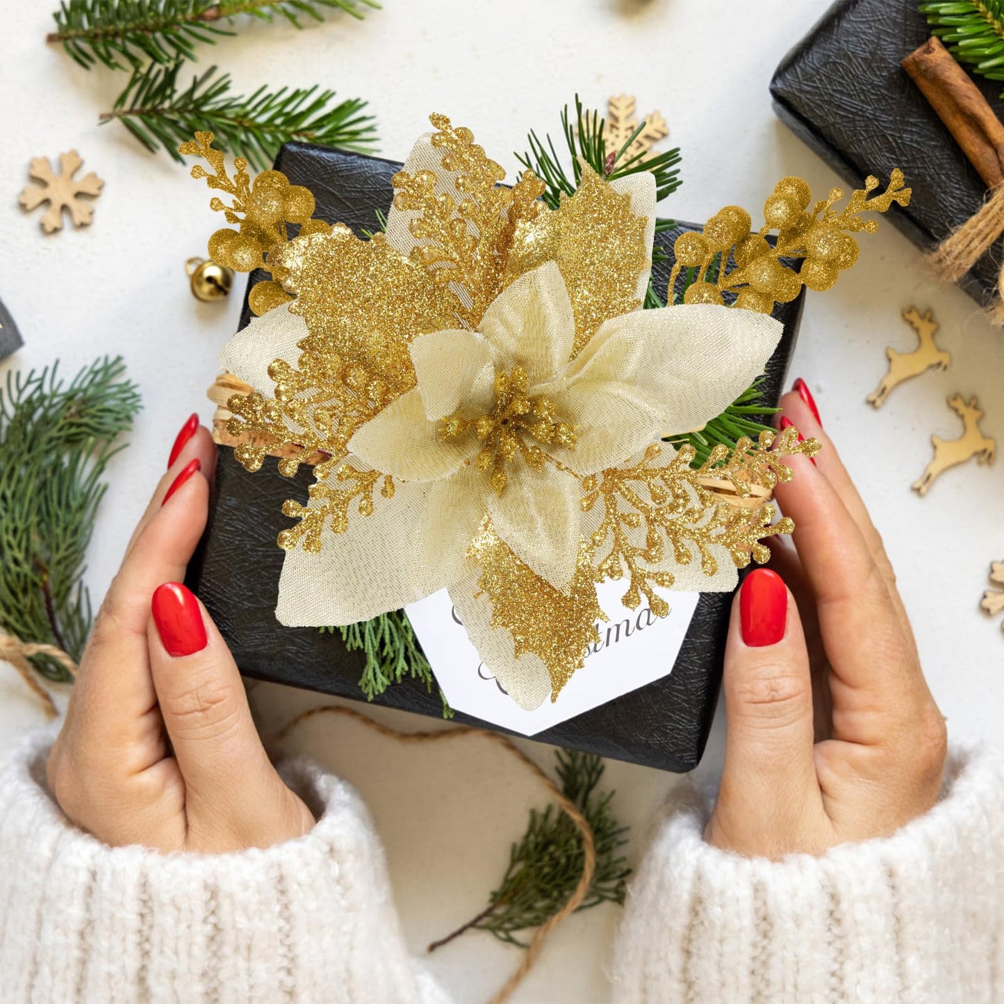 SJL 66 Pcs 3 Styles Christmas Glitter Poinsettia Flowers Artificial Berry Picks Christmas Tree Ornaments Artificial Christmas Flowers with Clips for Xmas Wedding Wreath Floral Decorations (Gold)