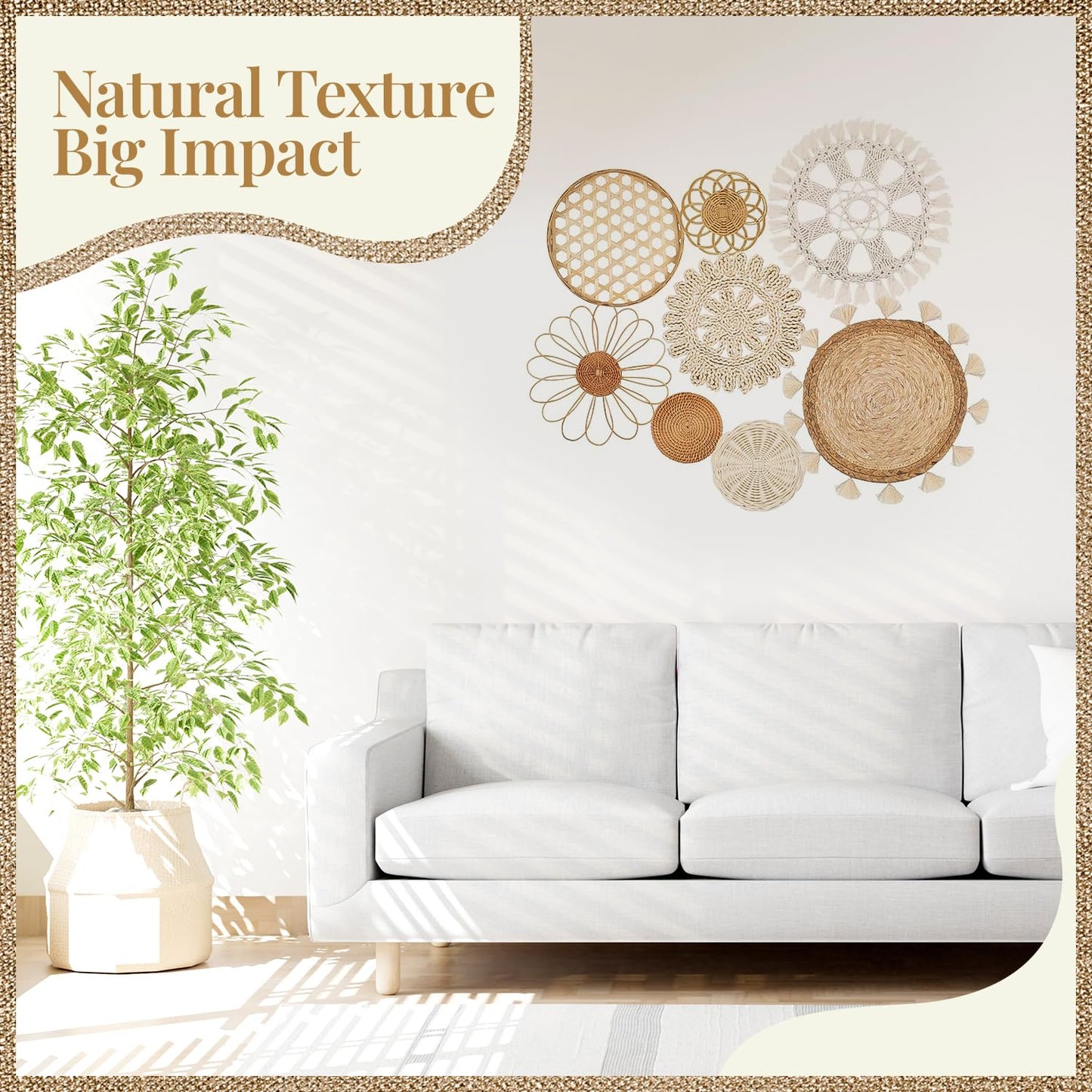 Boho Wall Basket Decor Set of 8 – Handmade Woven Seagrass & Rattan Wall Decor with Macrame Tapestry – Flat Round Boho Wall Art for Living Room, Bedroom, Kitchen, Wedding or Bohemian Wall Display