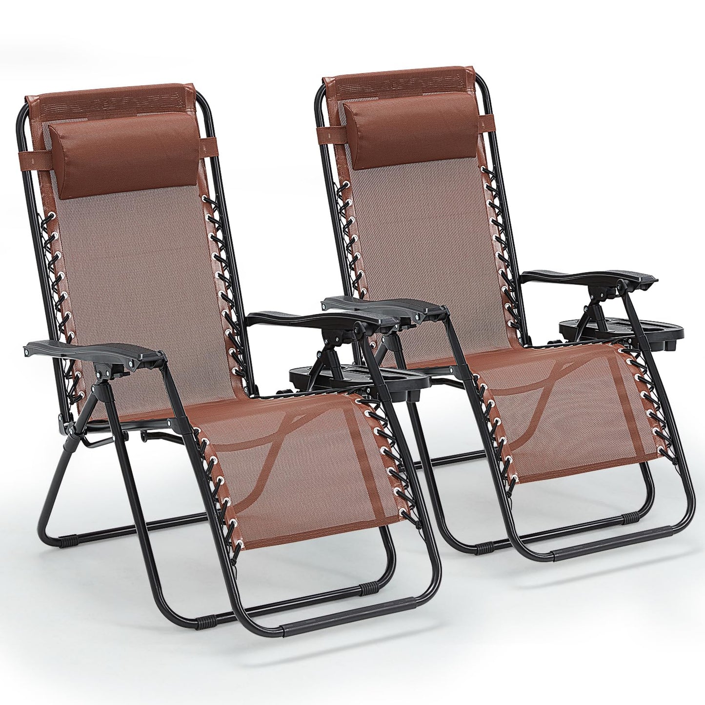 RICHRYCE Zero Gravity Chair Set of 2, 350 lbs Capacity, Reclining Folding Outdoor Chairs with Adjustable Headrest & Cup Holder, Anti - Gravity Loungers for Backyard, Patio, Lawn, Poolside (Brown)