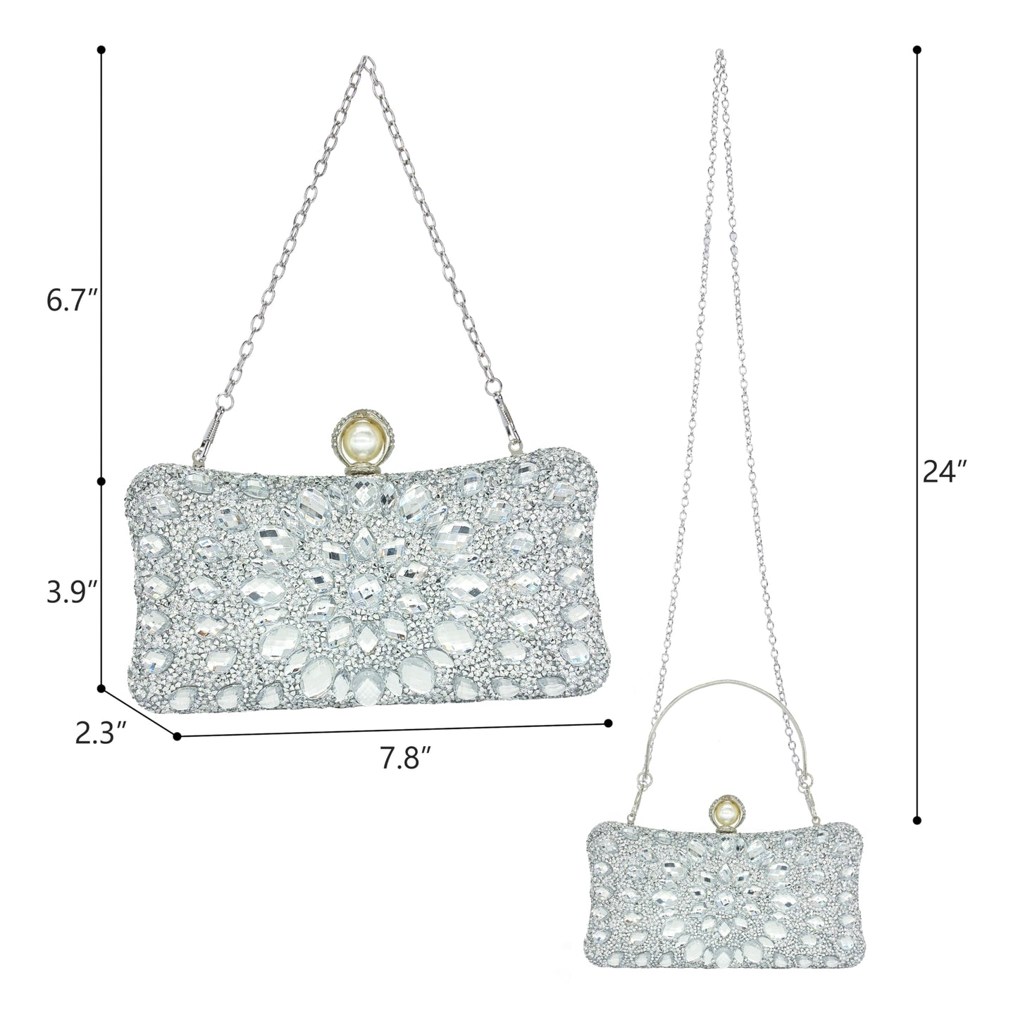 MAIRLOM Rhinestone Clutch Purses for Women Evening Wedding Formal - Pearl Clasp Handbag Crystal Gemstone Bag for Party Prom(Solid Silver)