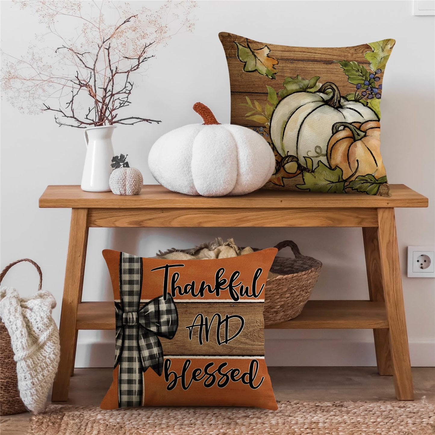 NIGHTWISH Fall Pillow Covers 18x18 Set of 4 Thanksgiving Decorations Squirrel Chestnut Pumpkin Outdoor Fall Decor Throw Pillow Covers Wood Striped Farmhouse Harvest Autumn Cushion Case for Sofa Couch