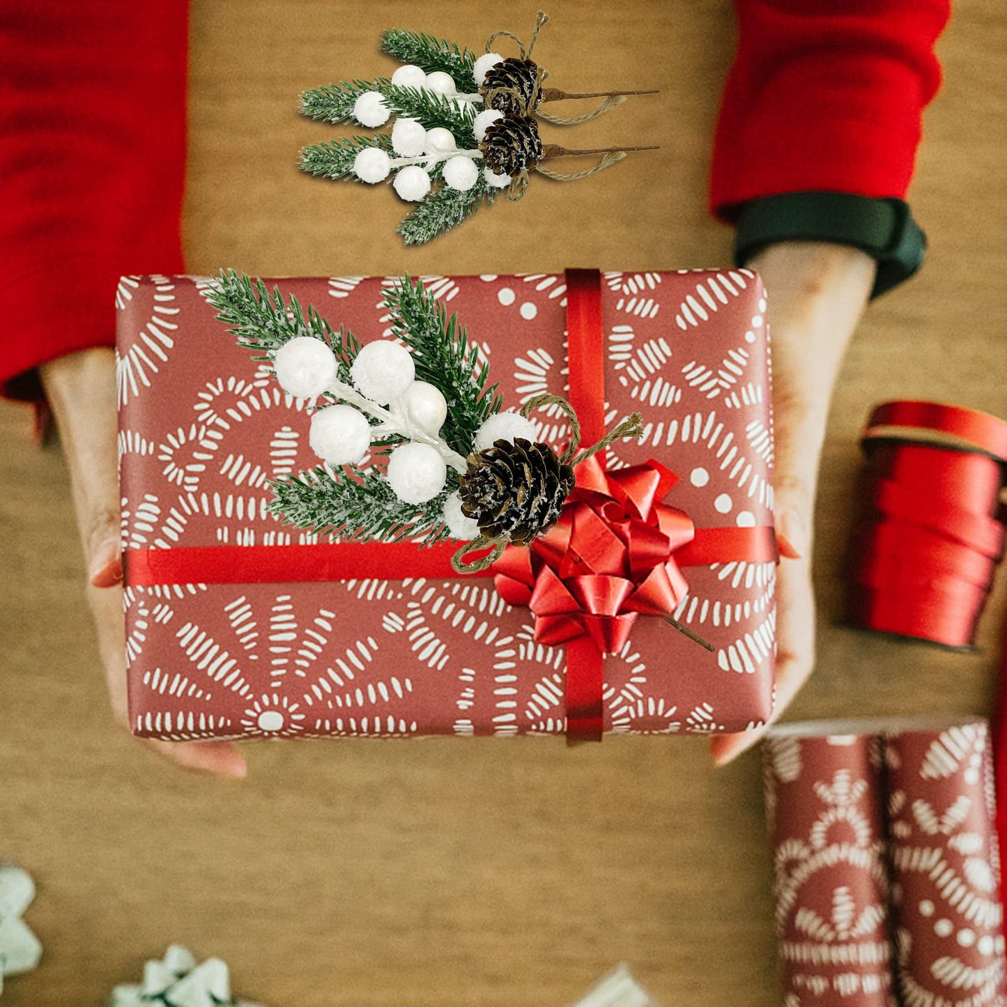 White Berry Stems Floral Pine Cones 10PCS Christmas Artificial Pine Branches Evergreen Berries Branch White Holly Spray Wreath Picks for DIY Craft Christmas Winter Décor