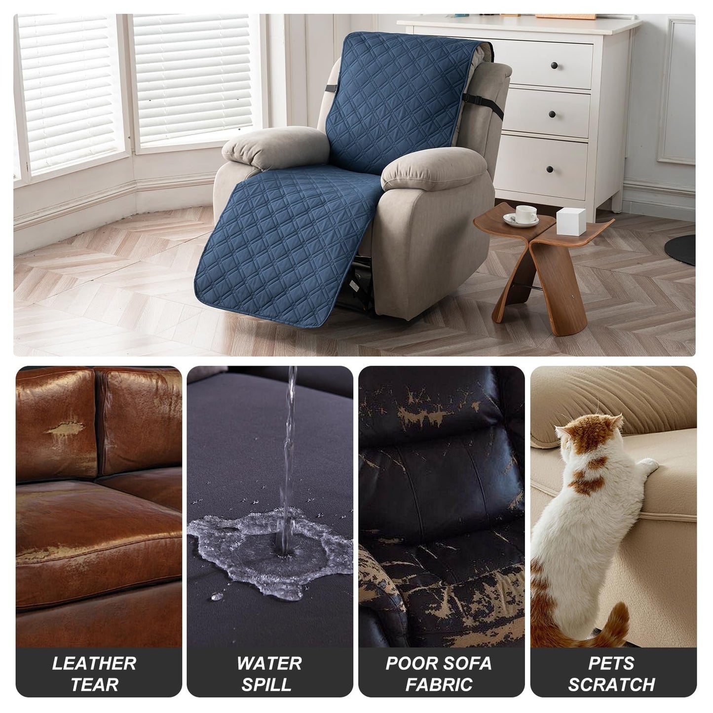 YUEANG Recliner Chair Covers Waterproof 100% Recliner Cover Chair Covers for Recliners Non-Slip Pet Protector Furniture Covers Recliner Sofa Cover for Kid Dog, Navy Blue