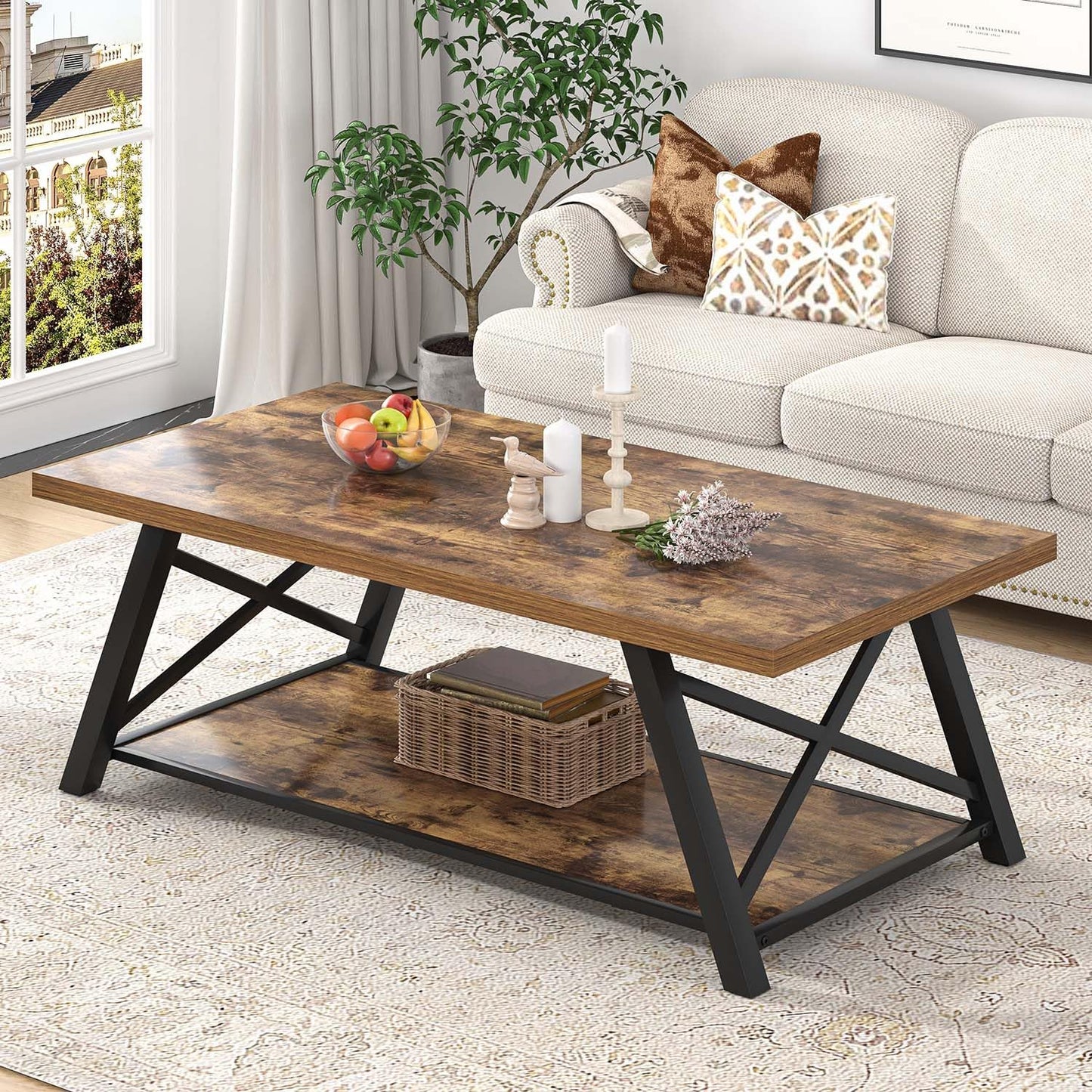 EXCEFUR Modern Coffee Table, Wood and Metal Living Room Center Table with Storage Shelf, Industrial Rectangle Cocktail Tea Table, Rustic Brown, 47 Inch