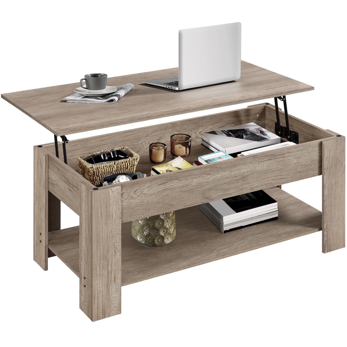 Yaheetech Lift Top Coffee Table with Hidden Compartment and Storage Shelf, Rising Tabletop Dining Table for Living Room Reception Room, 38.6in L, Grey