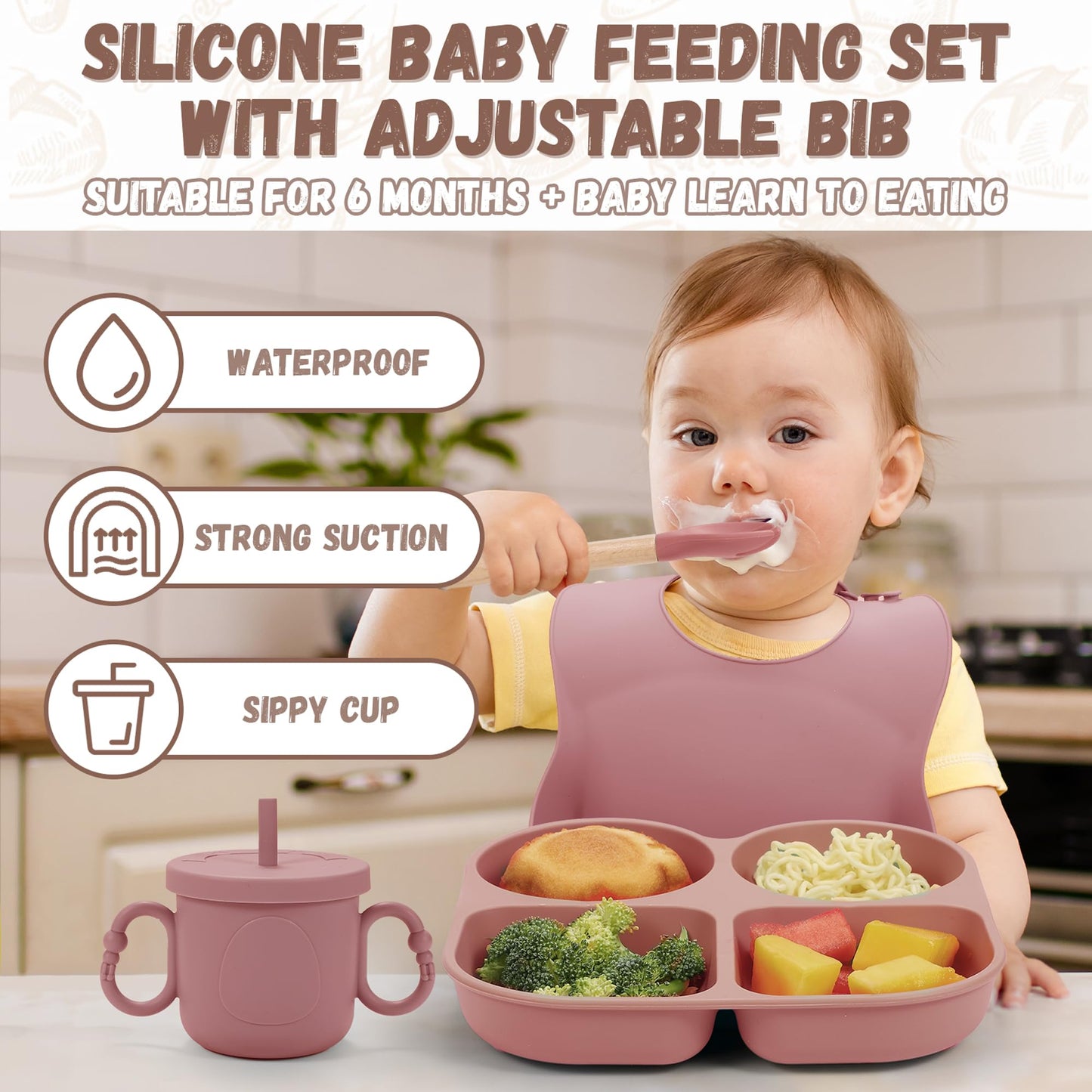 MIICASA Silicone Baby Feeding Set, Baby Led Weaning Supplies, Baby Food Tableware Silicone Suction Plate, Bowl, Spoons, Fork, Waterproof Bib, Cup & Complementary Food Cake Mold, Baby Eating Utensils