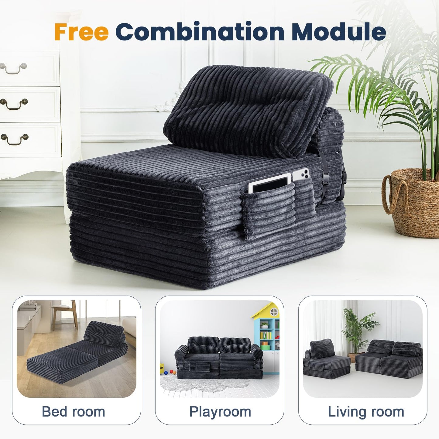 Domiqut 3 in 1 Folding Sofa Bed, Convertible Sleeper Chair with Pillow, Chair Bed with Back Support, Couches for Living Room, Foam Floor Mattress with Cushion, Single Size, Dark Grey