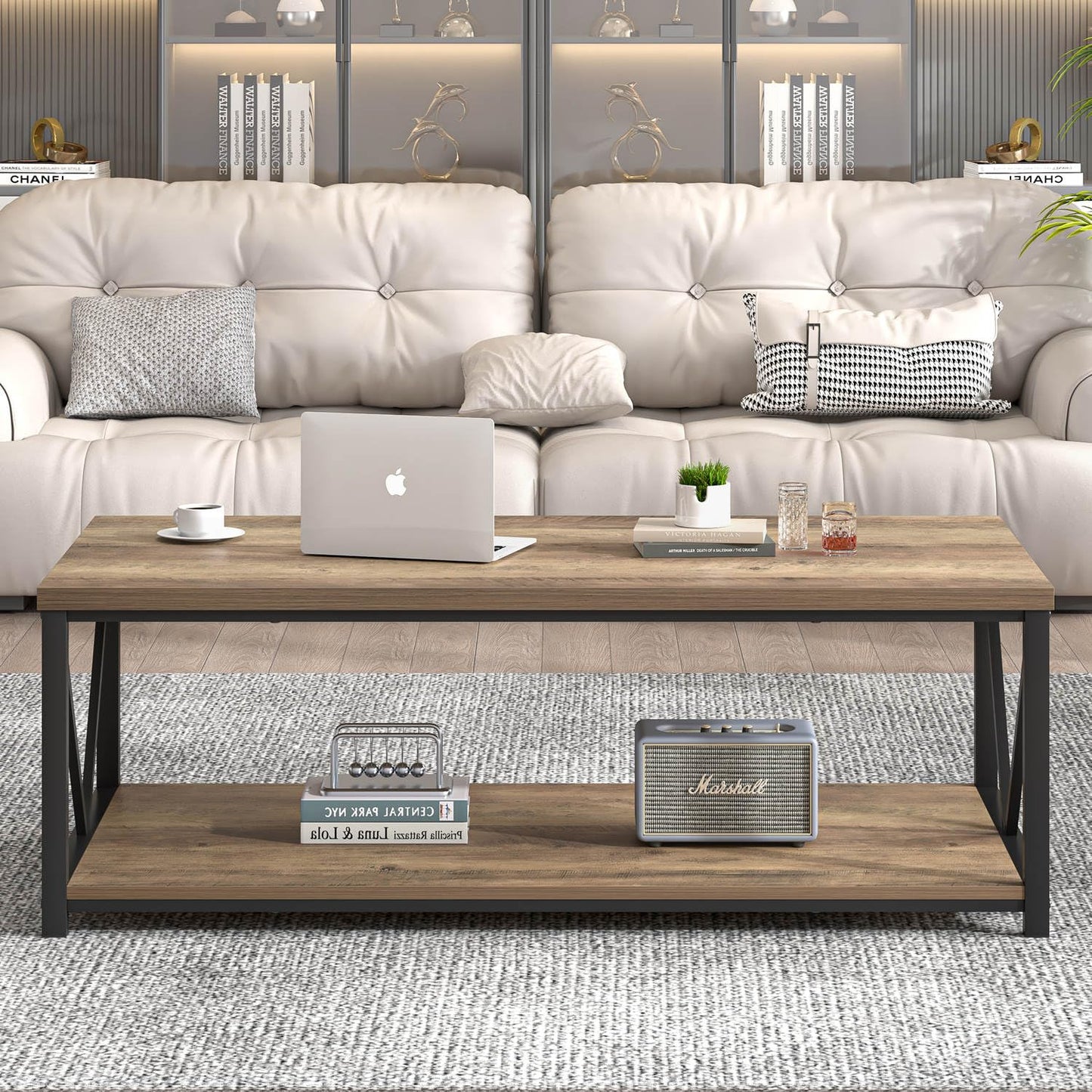 FOLUBAN Modern Coffee Table, Living Room Center Table with Storage, Wood and Metal Cocktail Table, Rustic Oak, 47 Inch