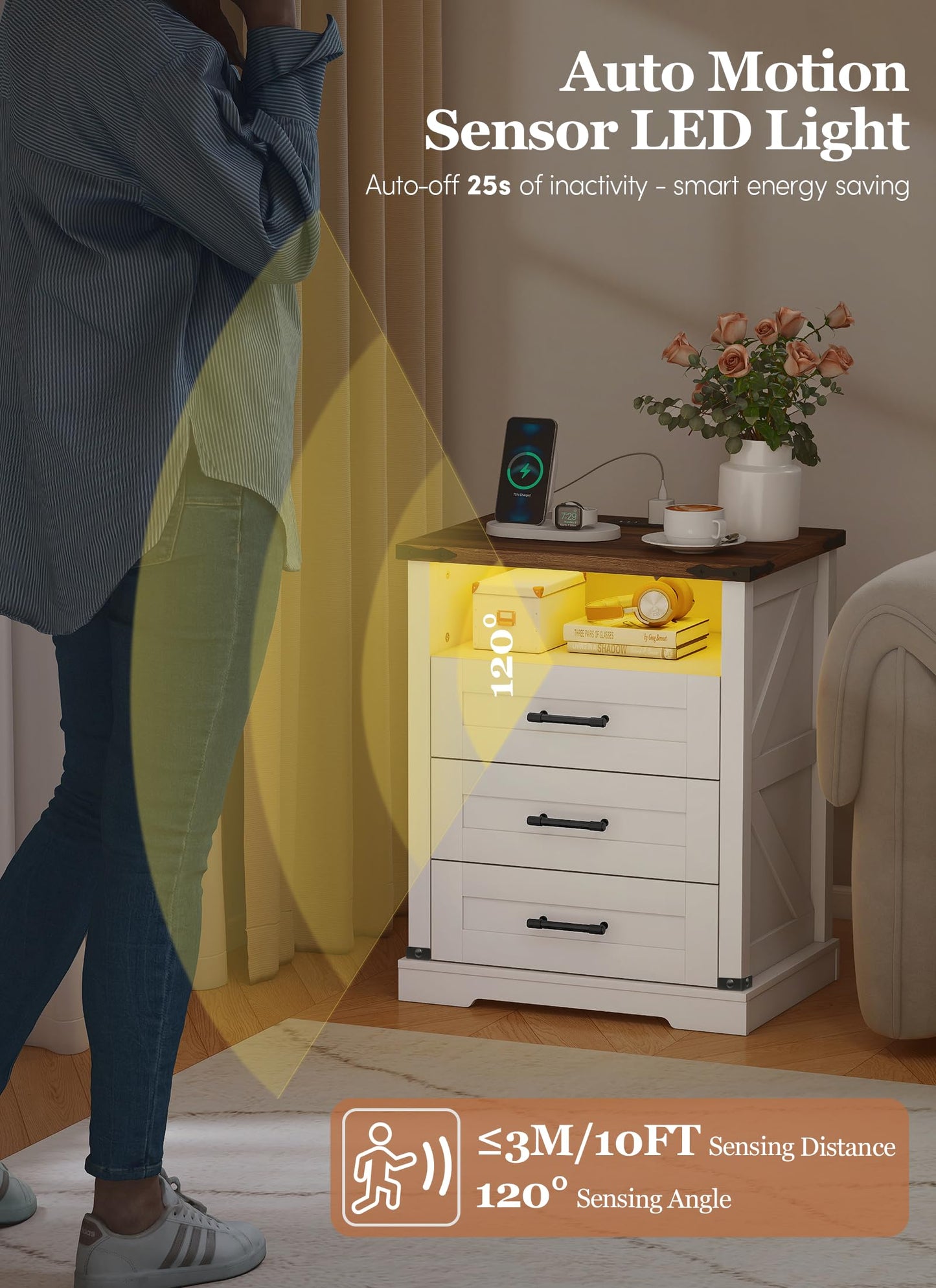 Night Stand with Charging Station 22" Large Farmhouse Nightstands with 3 Drawers and Open Storage Smart Bedside Table with Human Sensor LED Light End Tables for Bedroom Living Room White