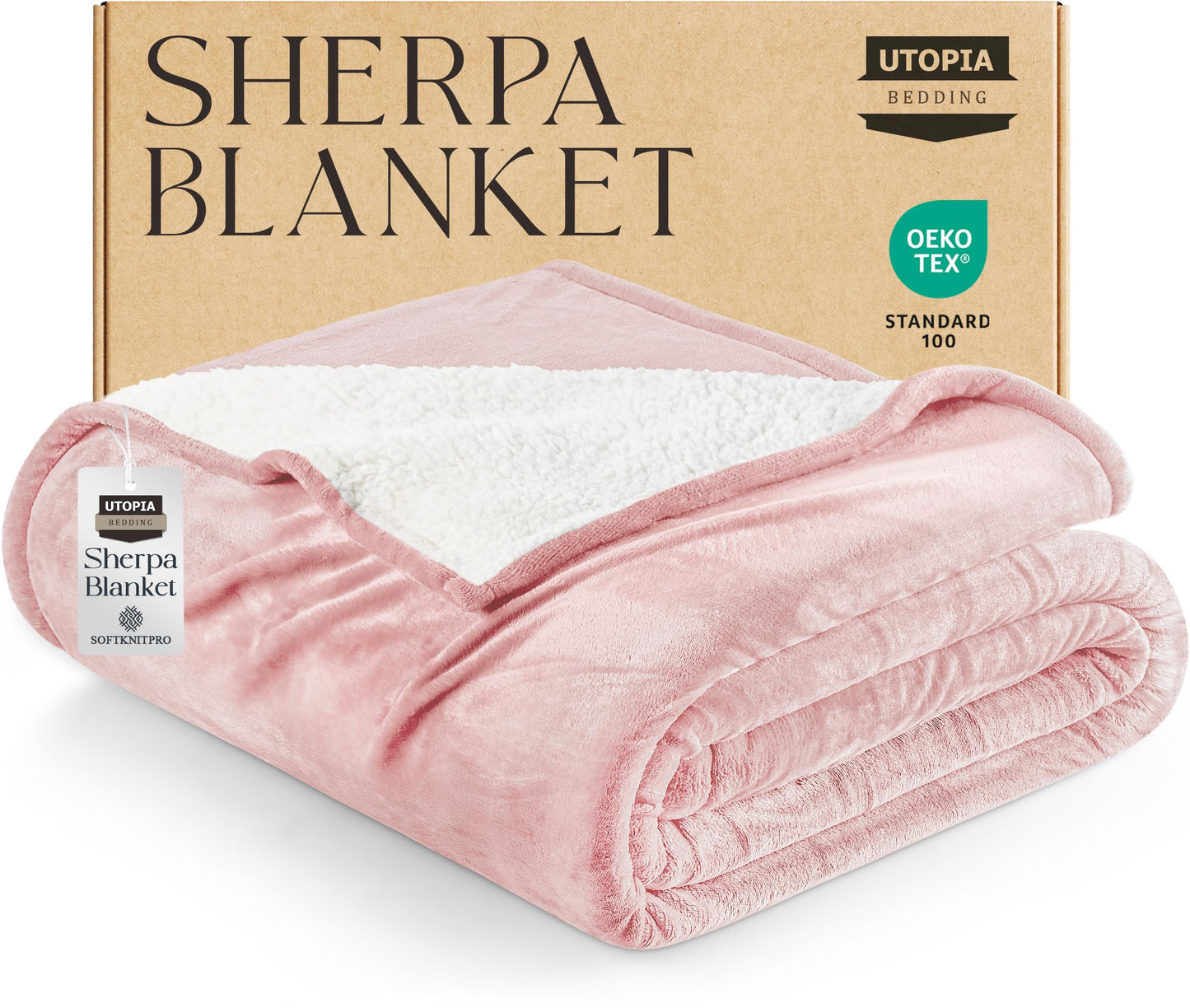 Utopia Bedding Sherpa Blanket Queen Size (Pink, 90x90 Inches) - Soft Lightweight Plush Fleece Reversible Blanket for Bed, Sofa, Couch, Camping and Travel